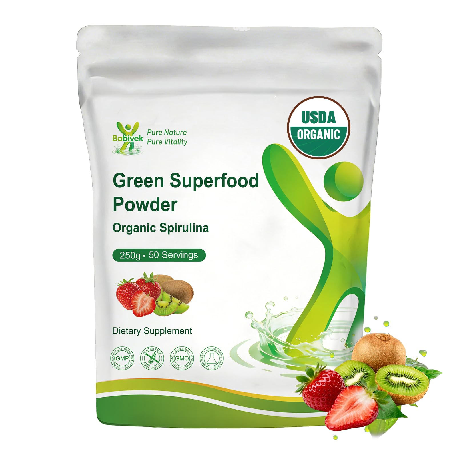 Babivek Spirulina Powder USDA Organic Strawberry Kiwi Flavor Super Green Superfood, 8.82 Ounce