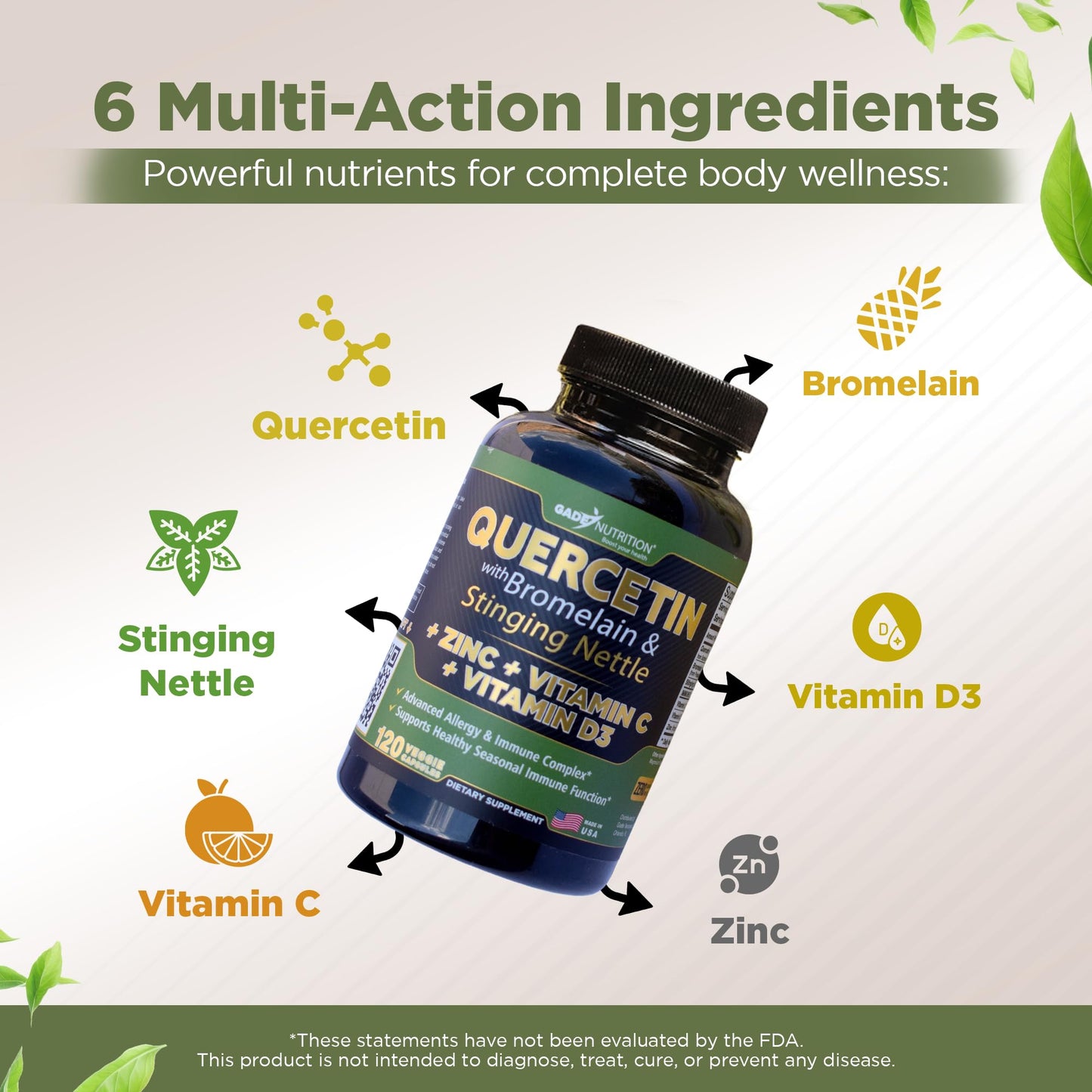 Gade Nutrition Quercetin with Bromelain, Vitamin C and Zinc + Stinging Nettle 500mg Capsules, 120 Count