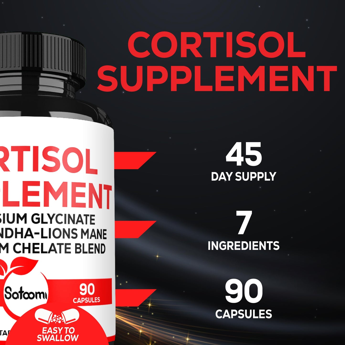 Satoomi 7in1 Cortisol Supplement Magnesium Glycinate with Ashwagandha, Magnesium Glycinate and Citrate Capsules, 90 Count