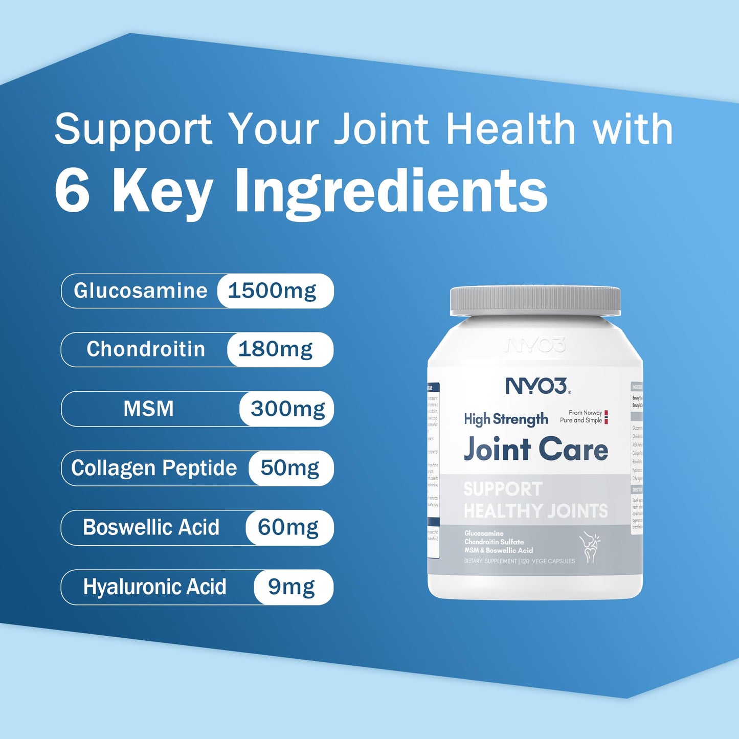 NYO3 Glucosamine 1500mg with Chondroitin MSM Collagen Peptide Joint Support Supplement, 120 Capsules