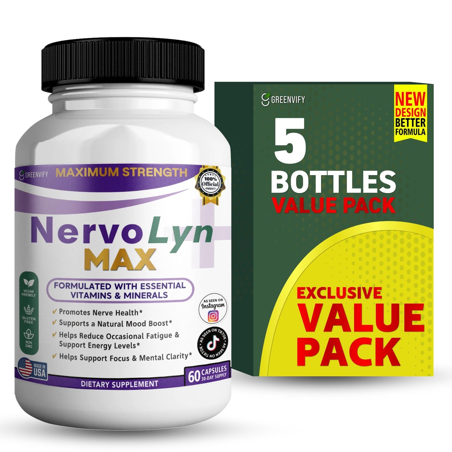 GREENVIFY NervoLyn Max Maximum Strength Nerve Support Supplement Capsules, 60 Capsules