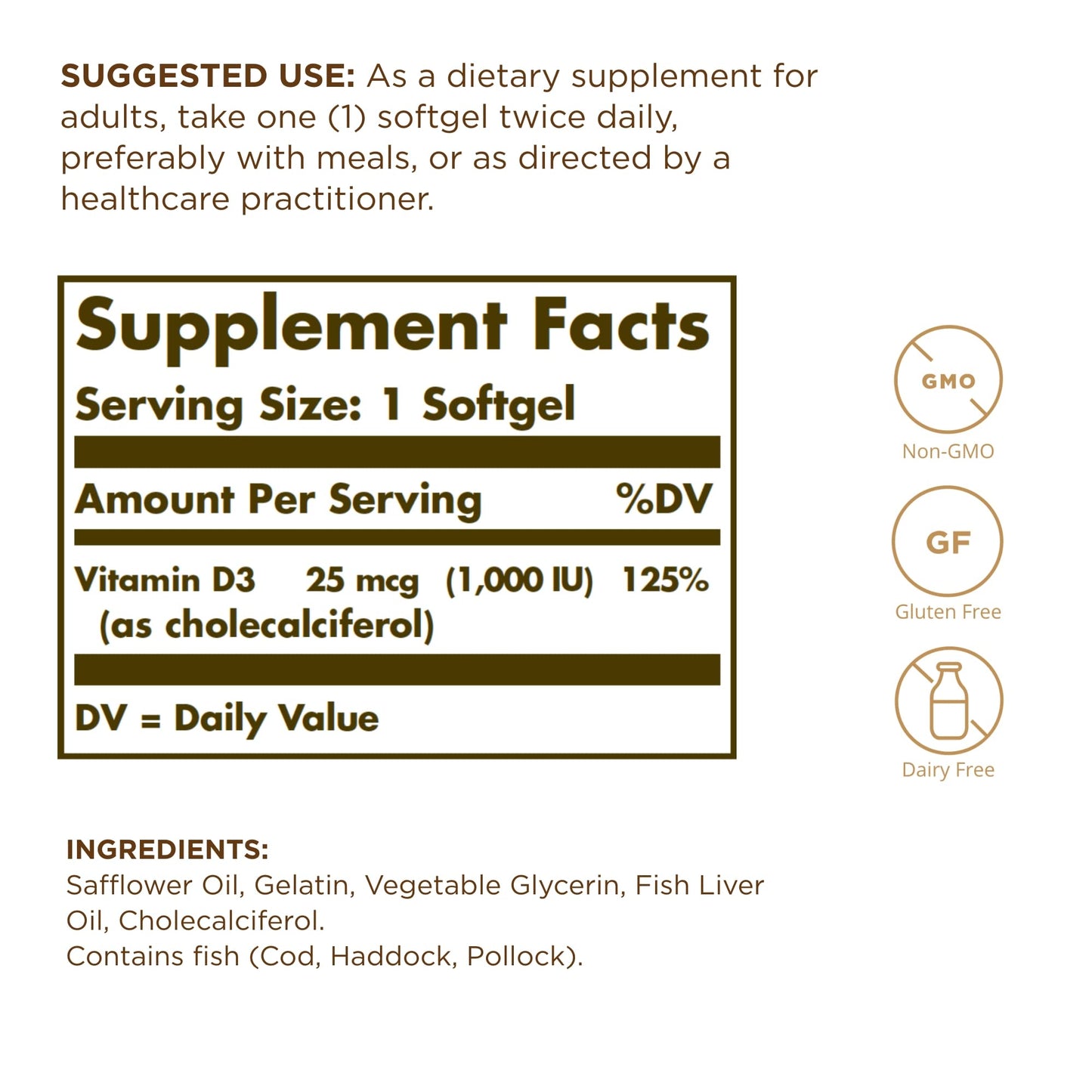 Solgar Vitamin D3 (Cholecalciferol) 25 mcg (1000 IU) Softgels, 100 Count