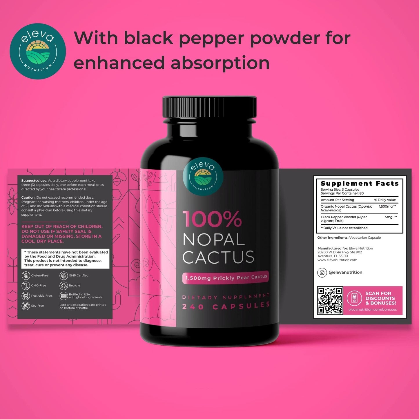 Eleva Nutrition Nopal Cactus Capsules 1500mg, 240 Capsules