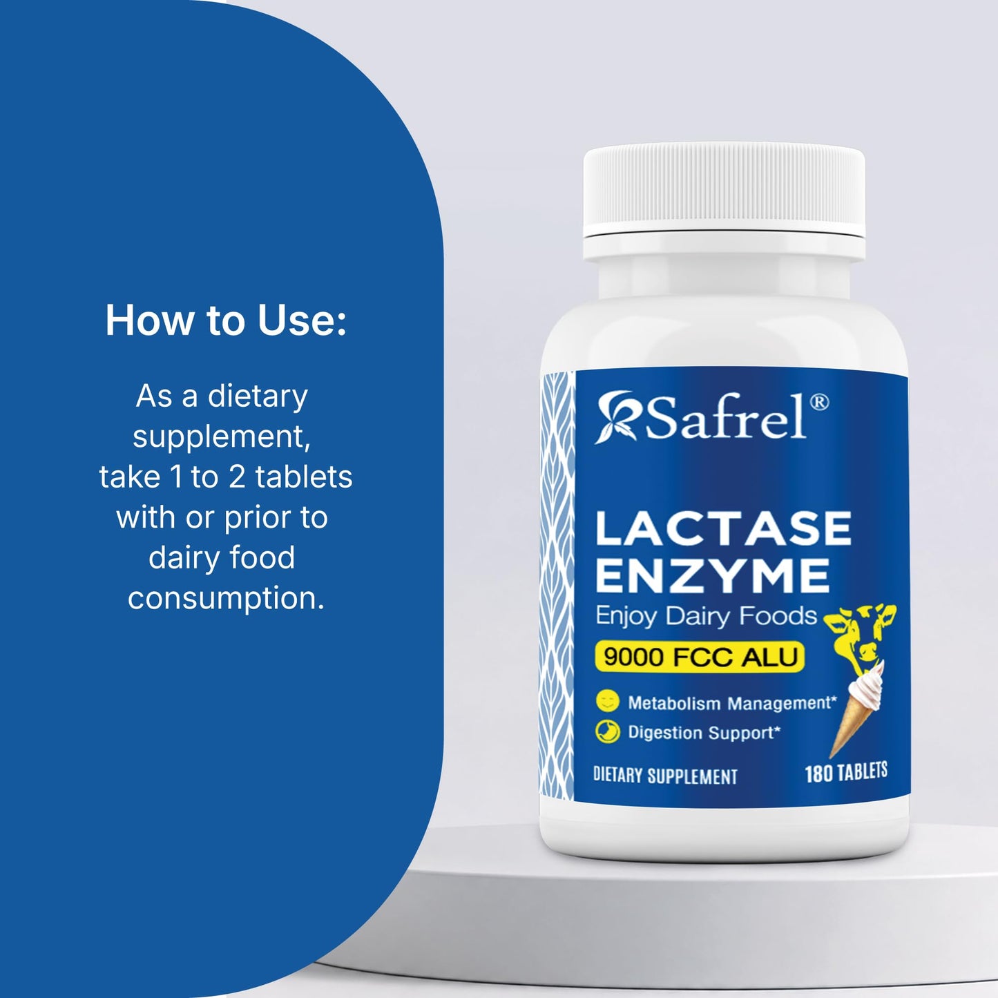 Safrel Lactase Enzyme 9000 FCC Tablets, 180 Count