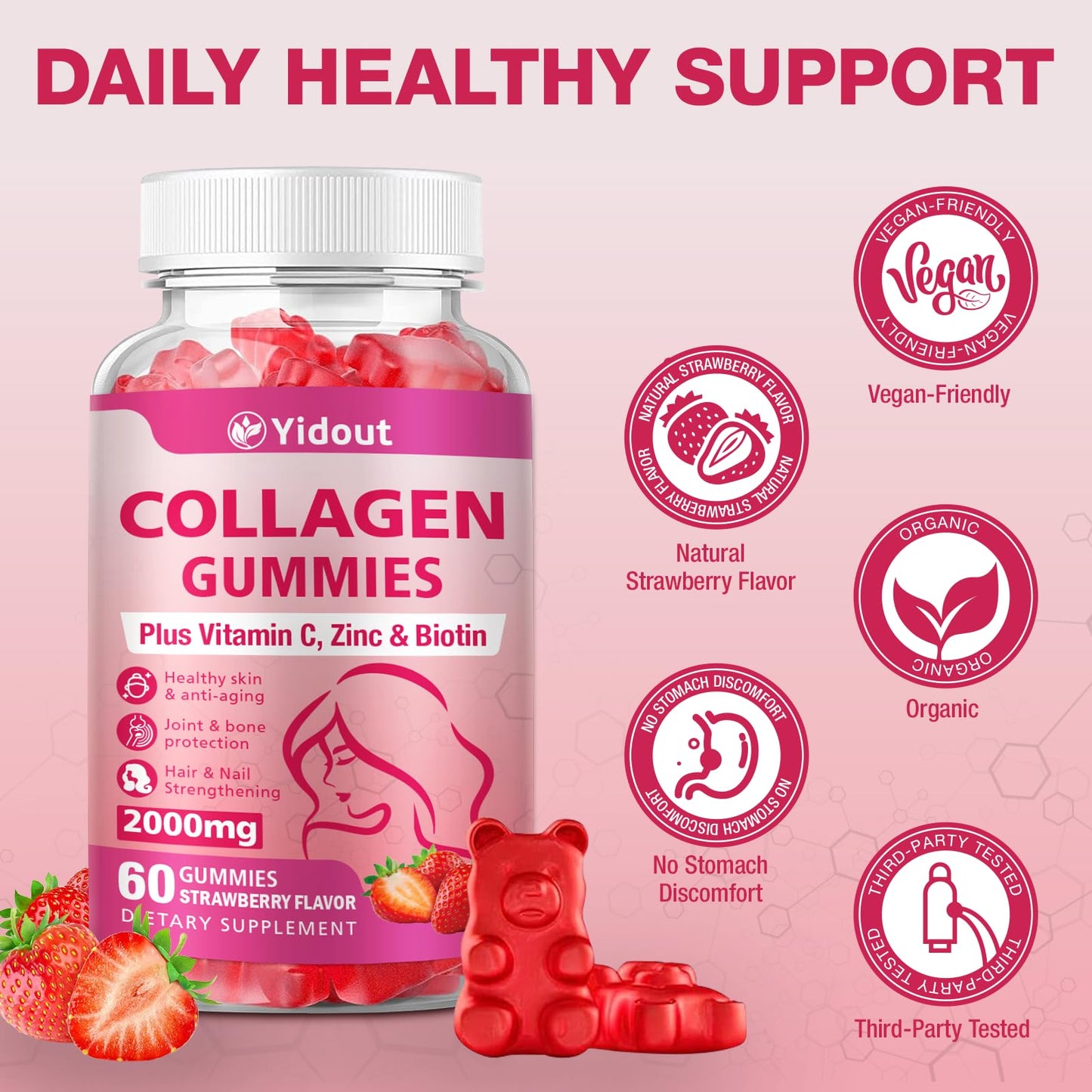 Yidout Collagen Gummies with Vitamin C and Biotin, 200mg Collagen Peptides, Hair Skin & Nails Support, Strawberry Flavor, 120 Gummies
