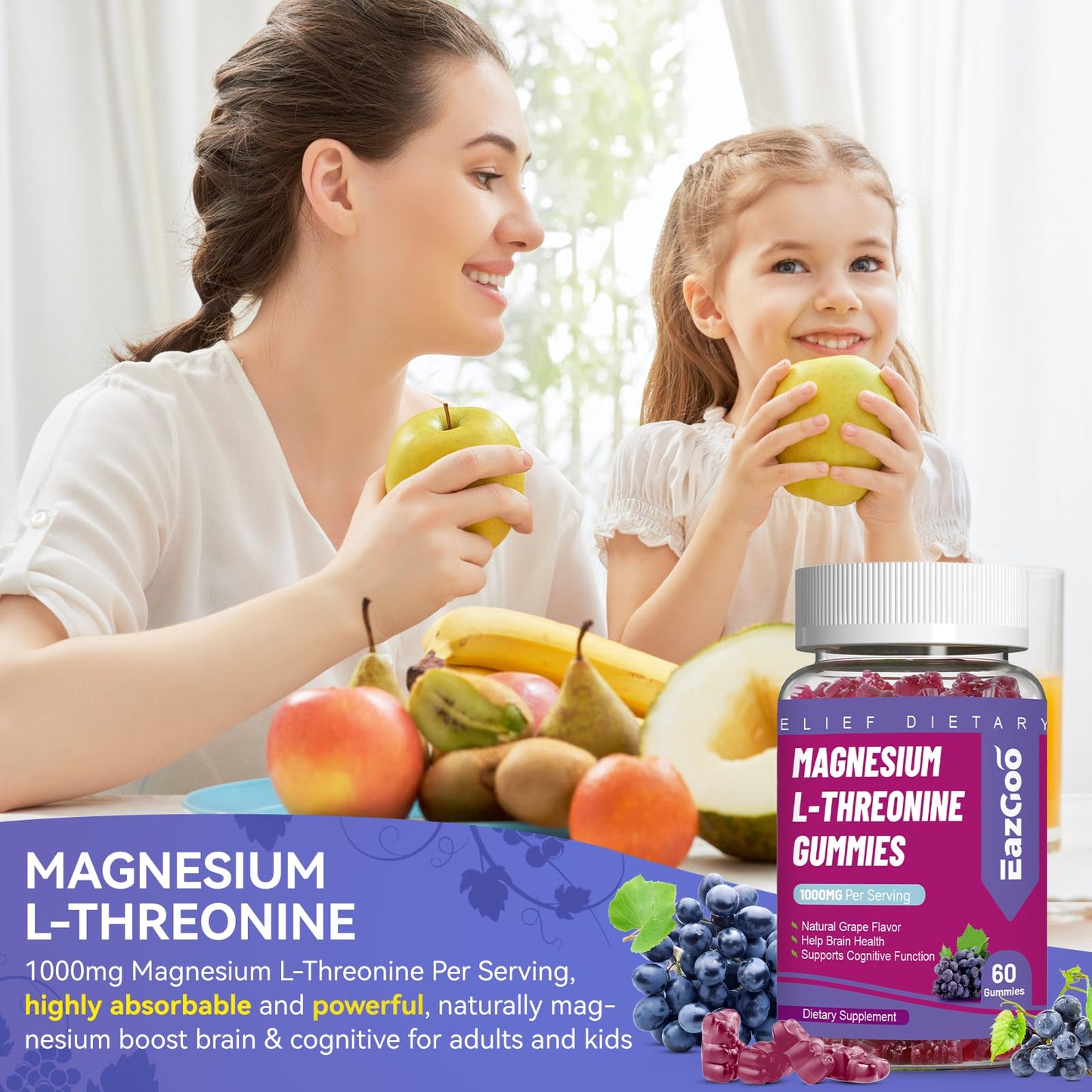 EAZGOO Magnesium Threonine Gummies 1000mg, 60 Count
