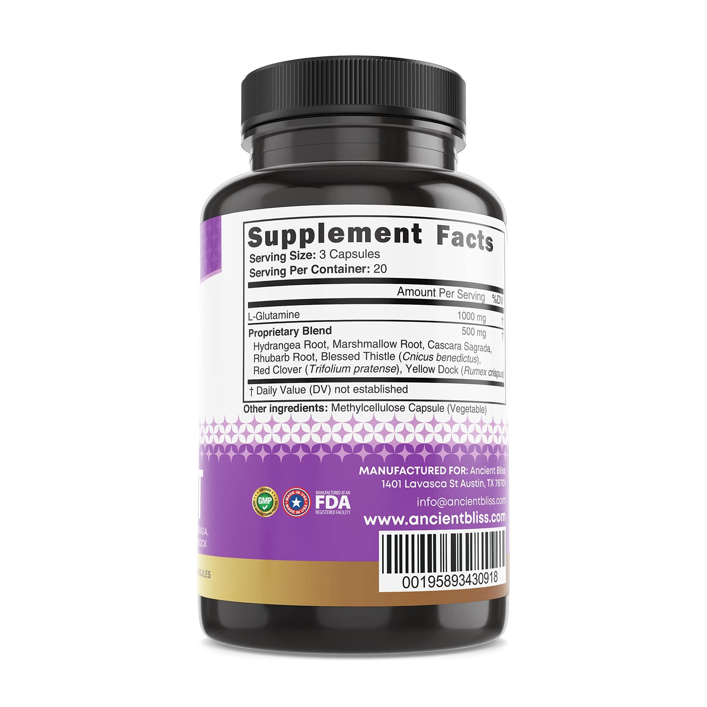 Ancient Bliss Leaky Gut L-Glutamine Capsules for Gut Support with Blessed Thistle and Hydrangea Root, 60 Capsules