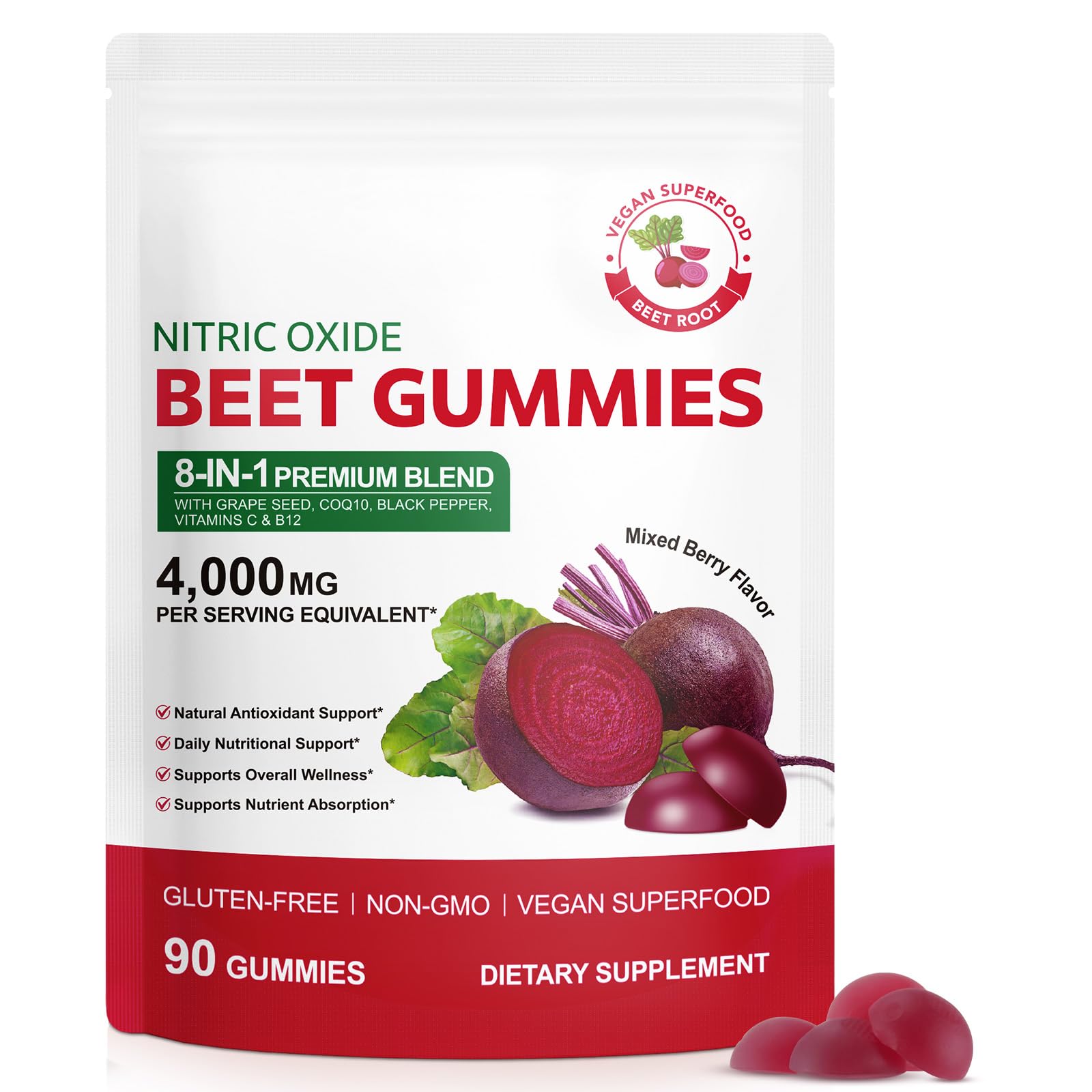 YEMFGQOE Beet Root Gummies 8 in 1 Beet Root Extract with CoQ10, Grapeseed Extract & Vitamin B12, 90 Count