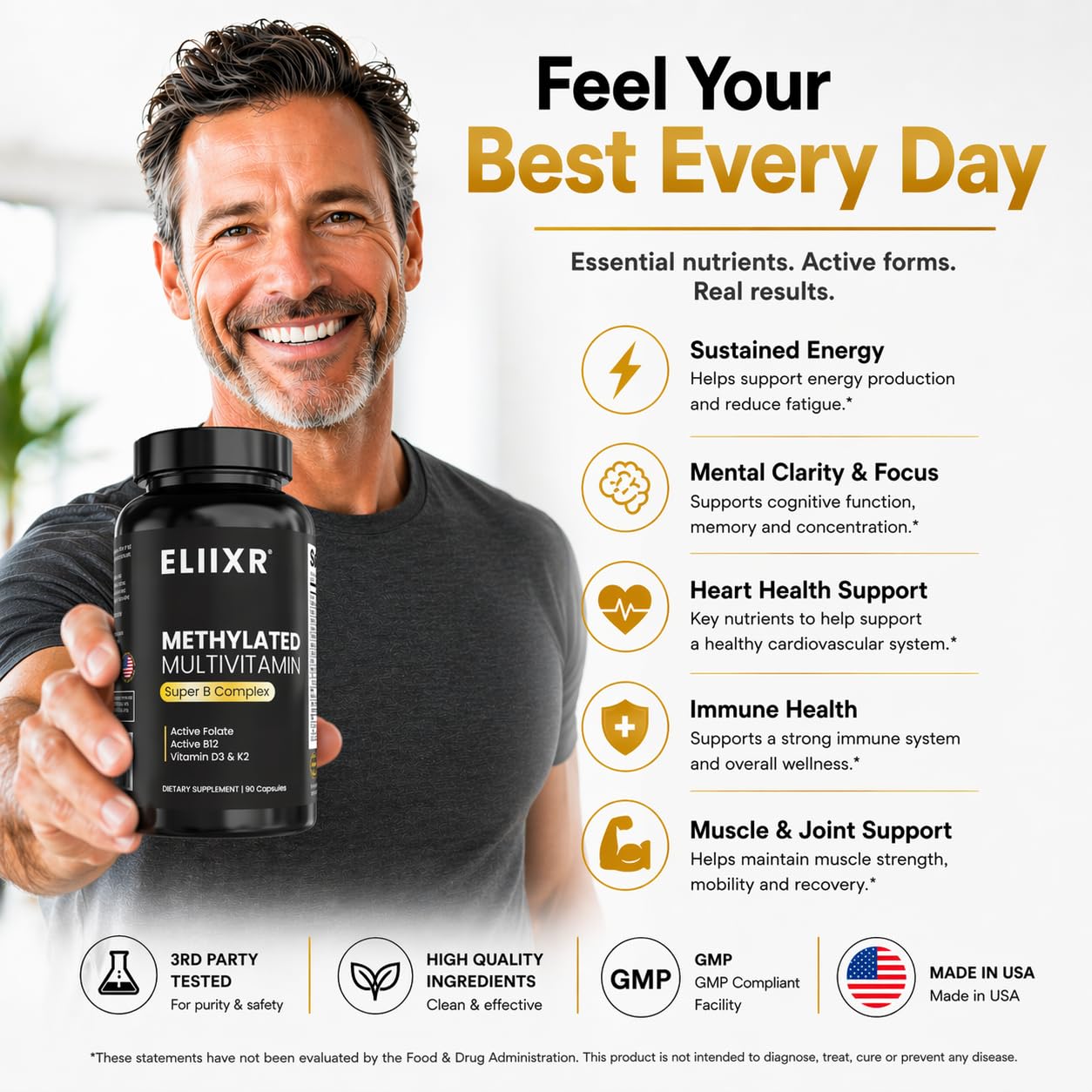 Eliixr Methylated Multivitamin Iron Free – Active B Complex with Methyl B12 & 5-MTHF Folate, CoQ10, Zinc, D3, K2 – Energy, Brain & Metabolism – Daily Vitamin for Men & Women, 90 Capsules