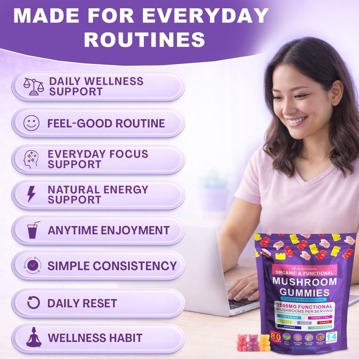 AJO MERCHANDISE Lion's Mane Mushroom Gummies for Focus & Energy with KSM-66 Ashwagandha, 80 Gummies