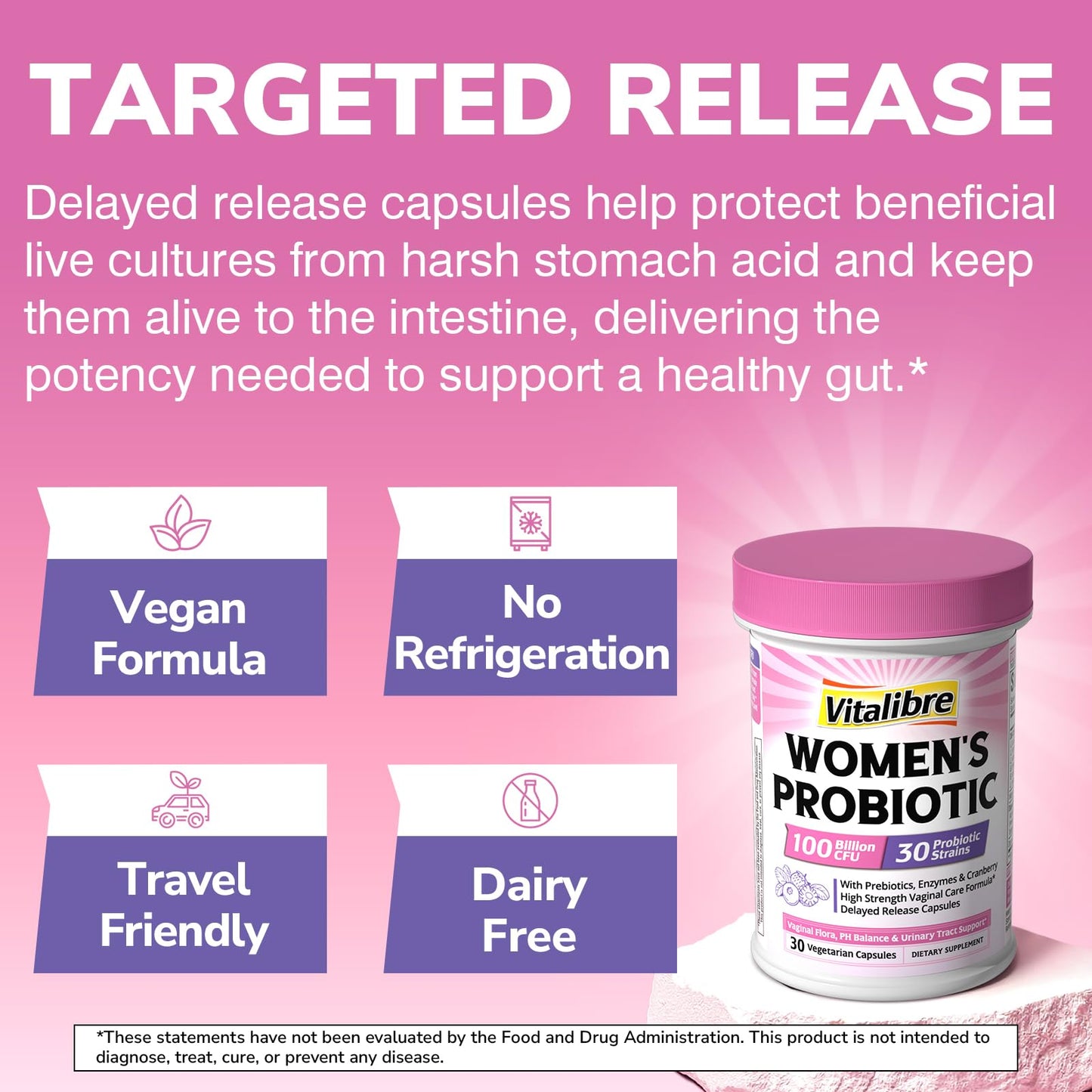 Vitalibre Probiotics for Women 30 Strains, 100 Billion CFU Vaginal Probiotics with Digestive Enzymes, Prebiotics & Cranberry for Urinary Tract Health, pH Balance, 30 Capsules