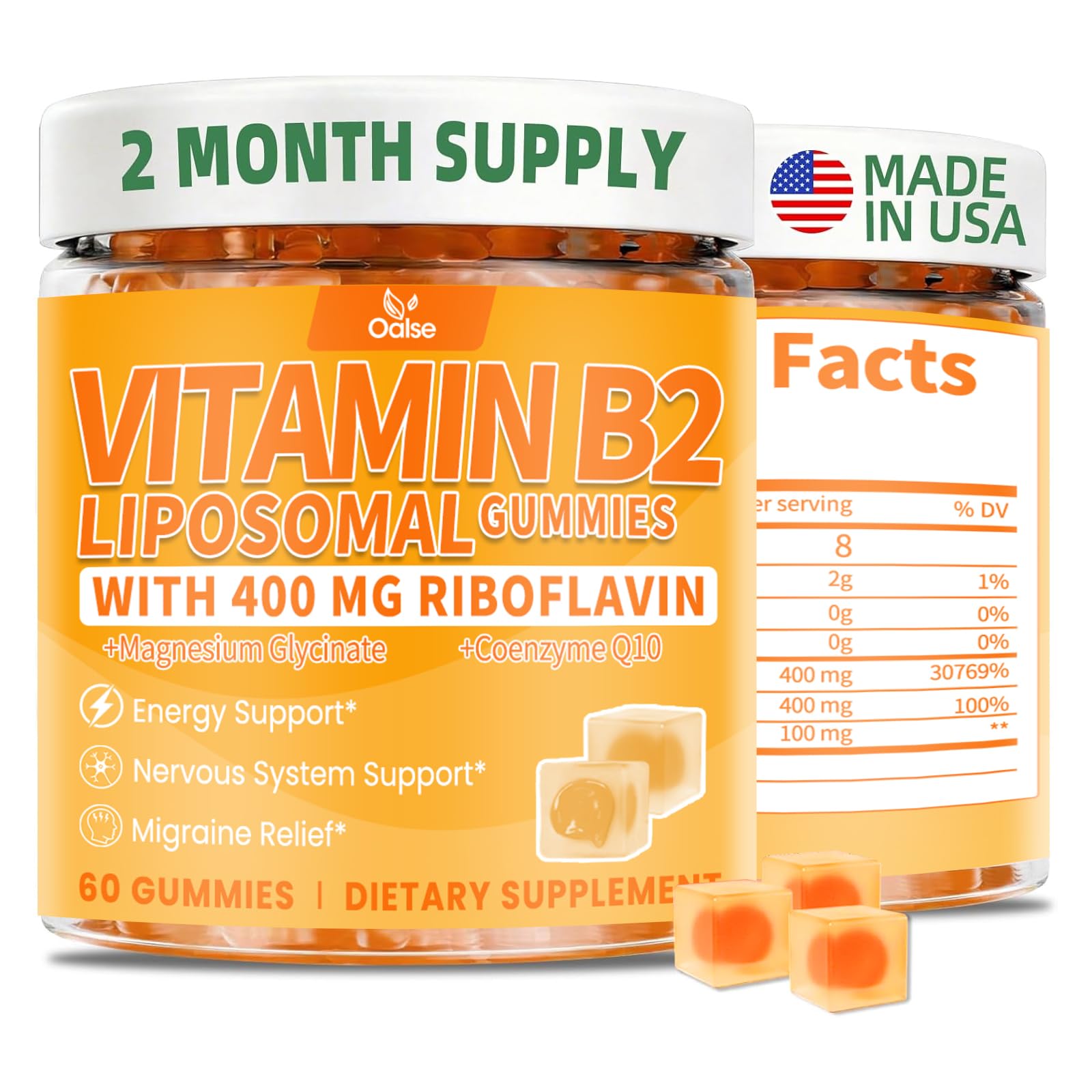 OALSE Liposomal Vitamin B2 Gummies Riboflavin 400mg with Magnesium Glycinate & CoQ10, 60 Count