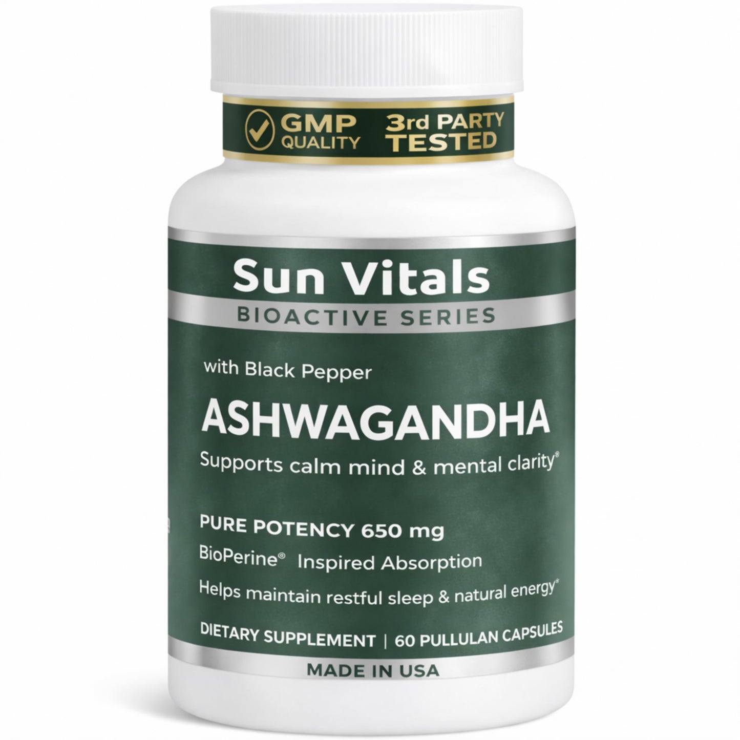 Sun Vitals Ashwagandha Ultra Potent 650 mg Organic Ashwagandha Root with Black Pepper, Capsules, 60 Count
