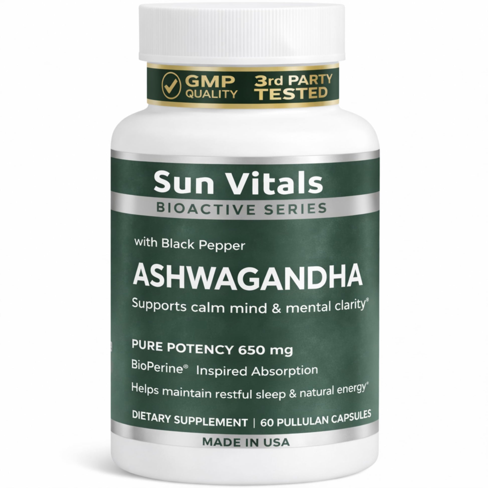 Sun Vitals Ashwagandha Ultra Potent 650 mg Organic Ashwagandha Root with Black Pepper, Capsules, 60 Count