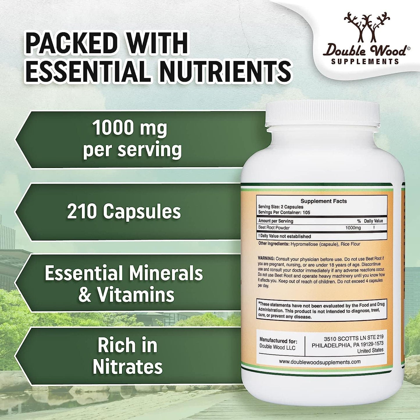 Double Wood Supplements Beet Root 1000mg High Nitrate Circulation + Stamina Capsules, 210 Count
