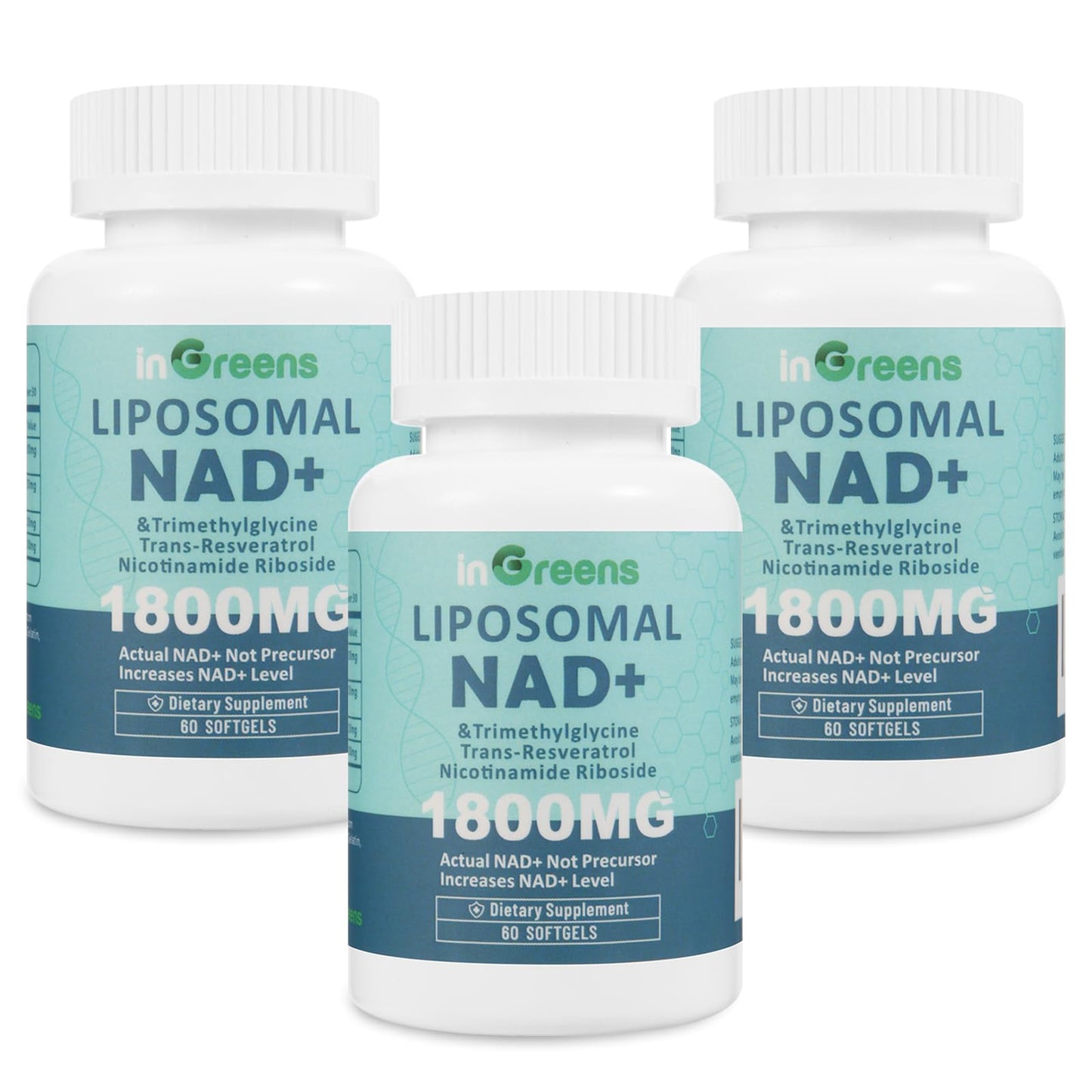 inGreens Liposomal NAD+ Supplement 1800 mg with Nicotinamide Riboside, Trans-Resveratrol, Trimethylglycine, Replaces NMN, Boost NAD+, Aging Defense, Cellular Energy, 180 Softgels