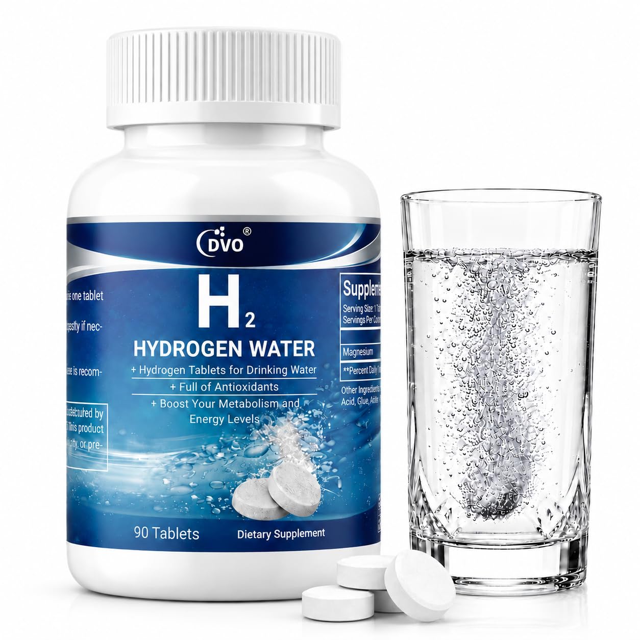 DVO 12 PPM H2 Hydrogen Water Tablets with Magnesium, Molecular H2 Supplement, Fast-Dissolving Tablets for Fresh Hydrogen-Rich Water, Daily Hydration, Energy & Antioxidant Support, 90 Tablets