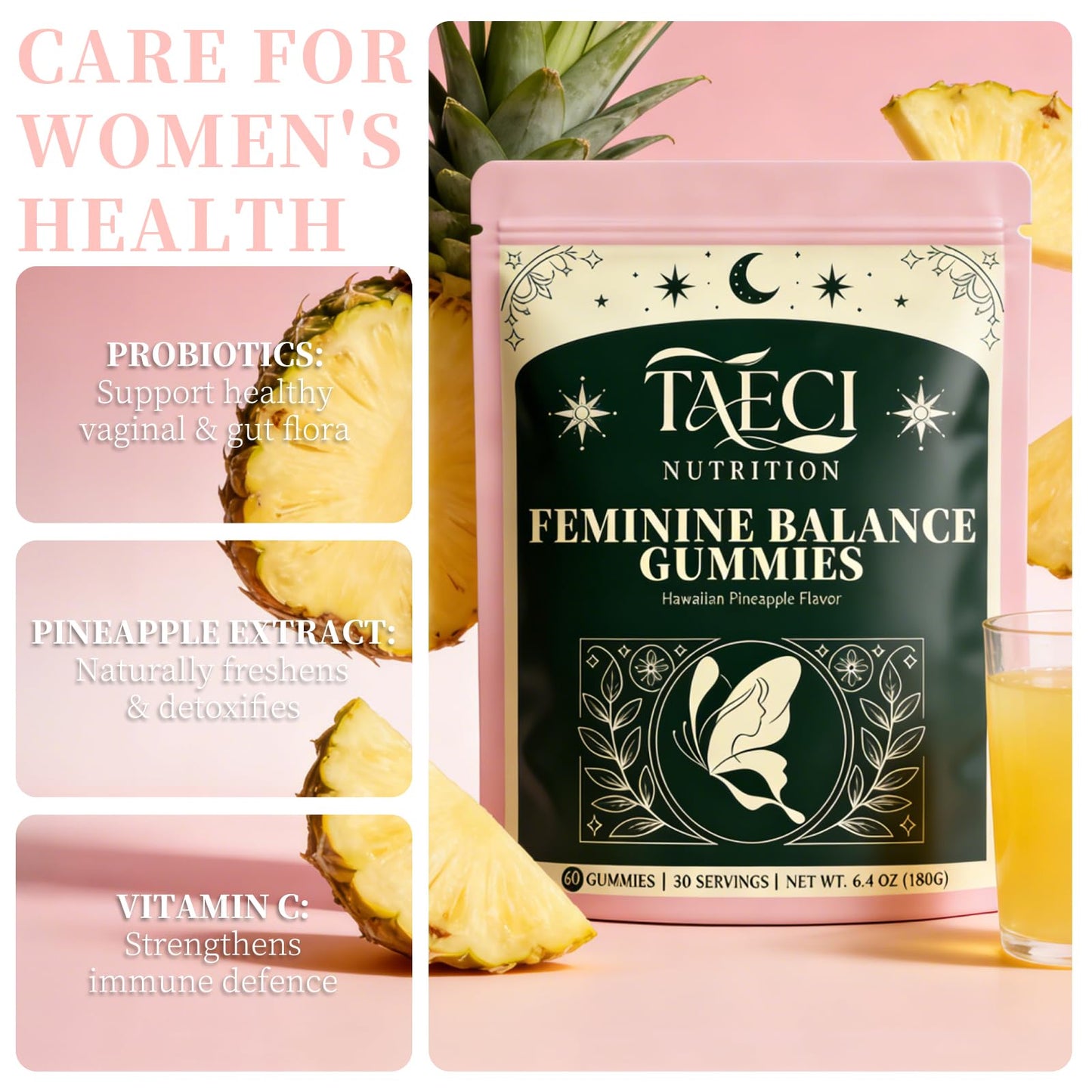 Taeci Premium Feminine Balance Gummies for Women, Probiotic Supplement, 60 Gummies