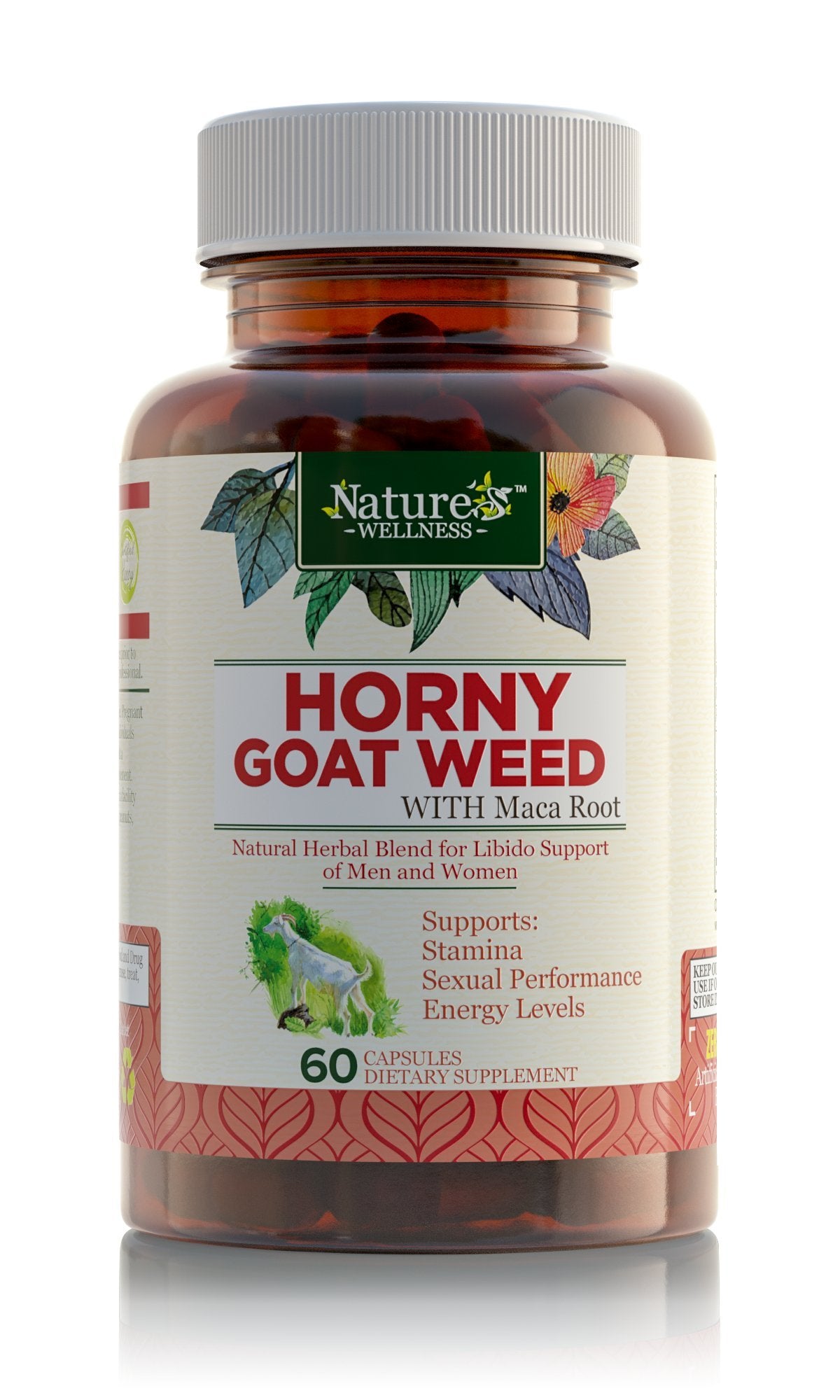 Natures Wellness Horny Goat Weed Extract with Maca, Tribulus, L-Arginine, Ginseng - 1000 mg Epimedium with Icariins, Capsules, 60 Count