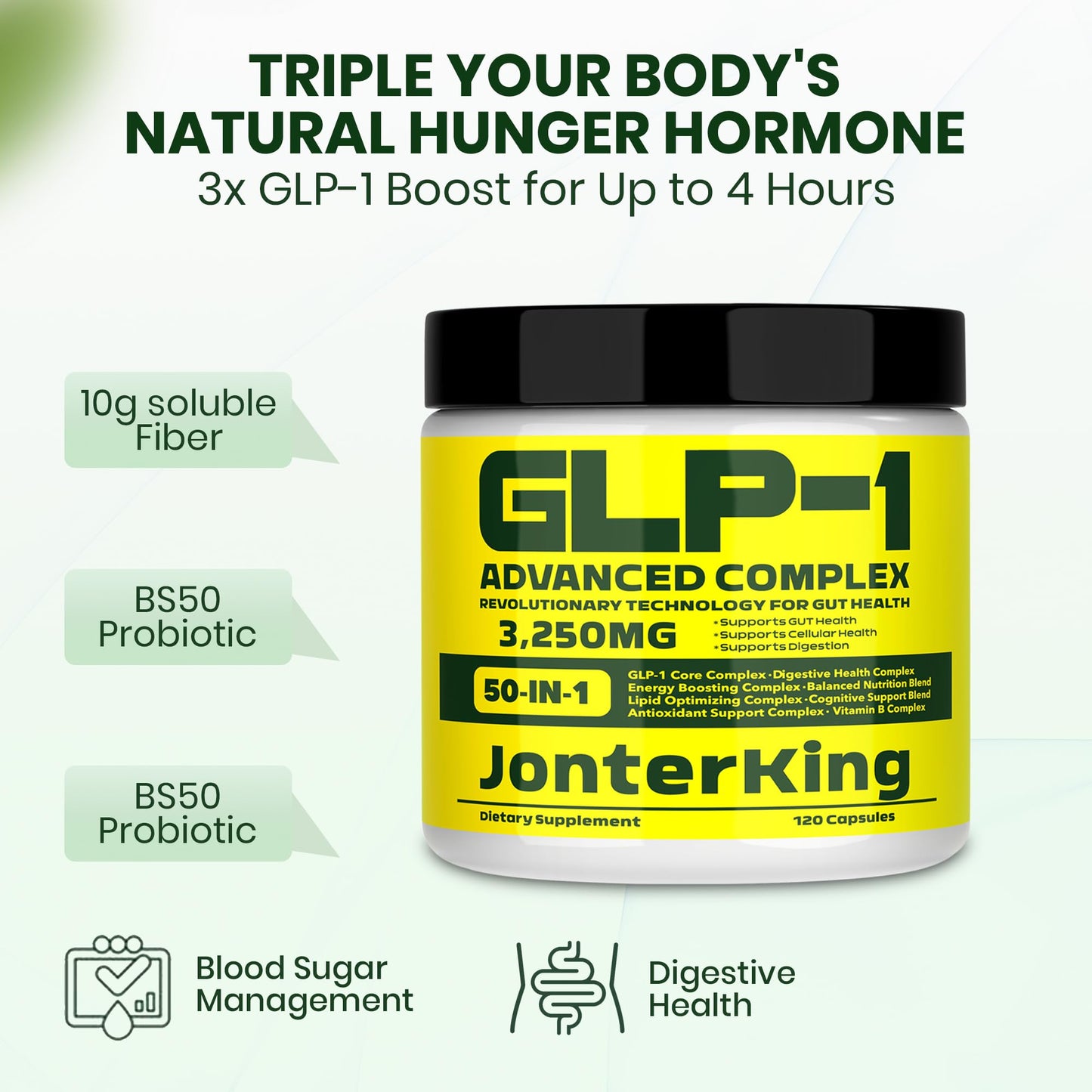 JonterKing 50-in-1 GLP-1 Supplement with Akkermansia & Vitamin B, GLP Support, Hunger & Metabolism Support, Probiotic and Prebiotic Formula, 120 Capsules