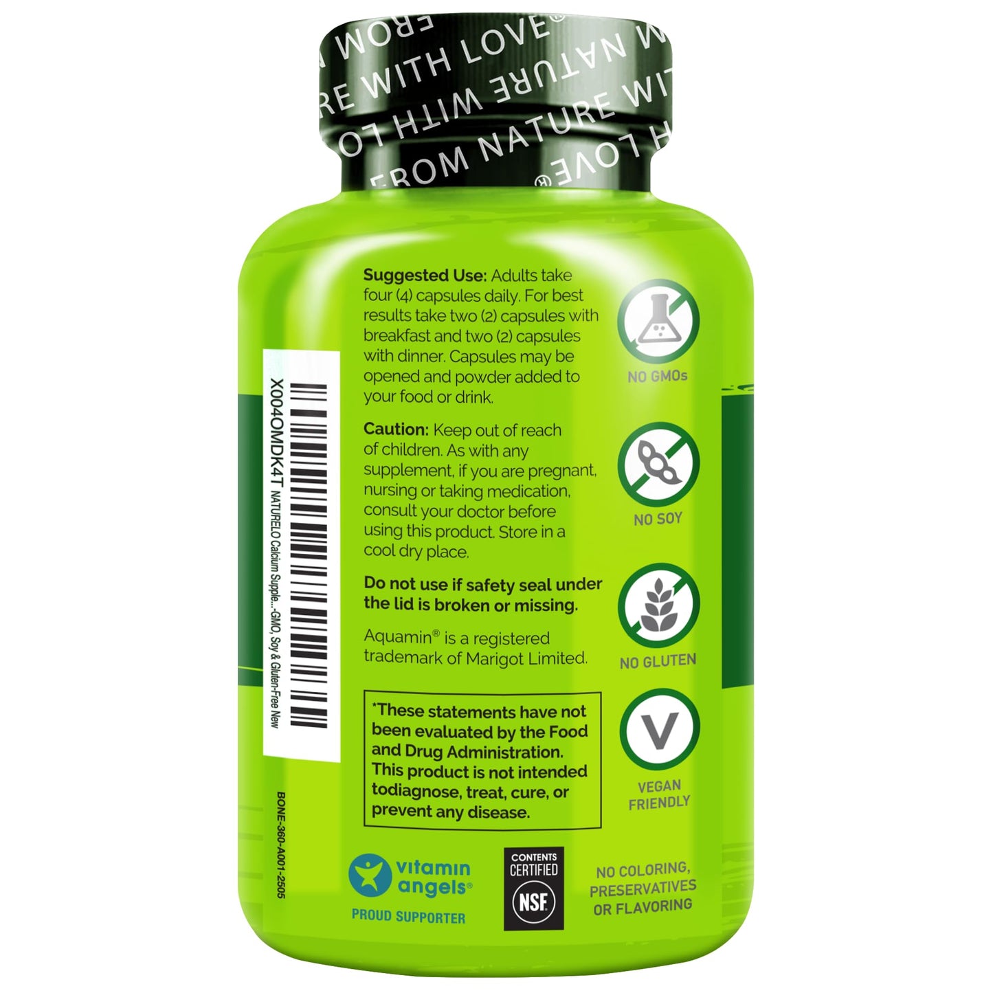 Naturelo Calcium Supplement with Vitamin C, D3, K2, and Calcium Magnesium Zinc for Bone Strength 600mg, Capsule, 360 Vegetarian Capsules