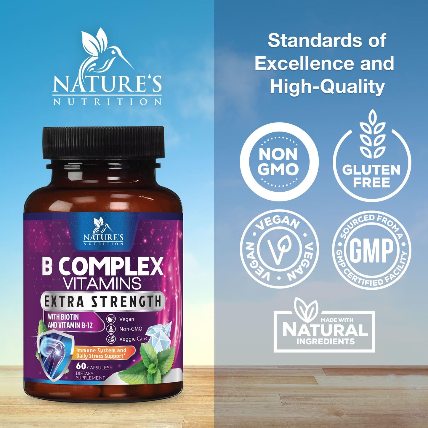 Nature's Nutrition B Complex Vitamins Capsules - Super Complete B-100 Complex with Vitamin B12 B6 C Biotin Folate & Folic Acid for Immune & Energy Support, 60 Capsules