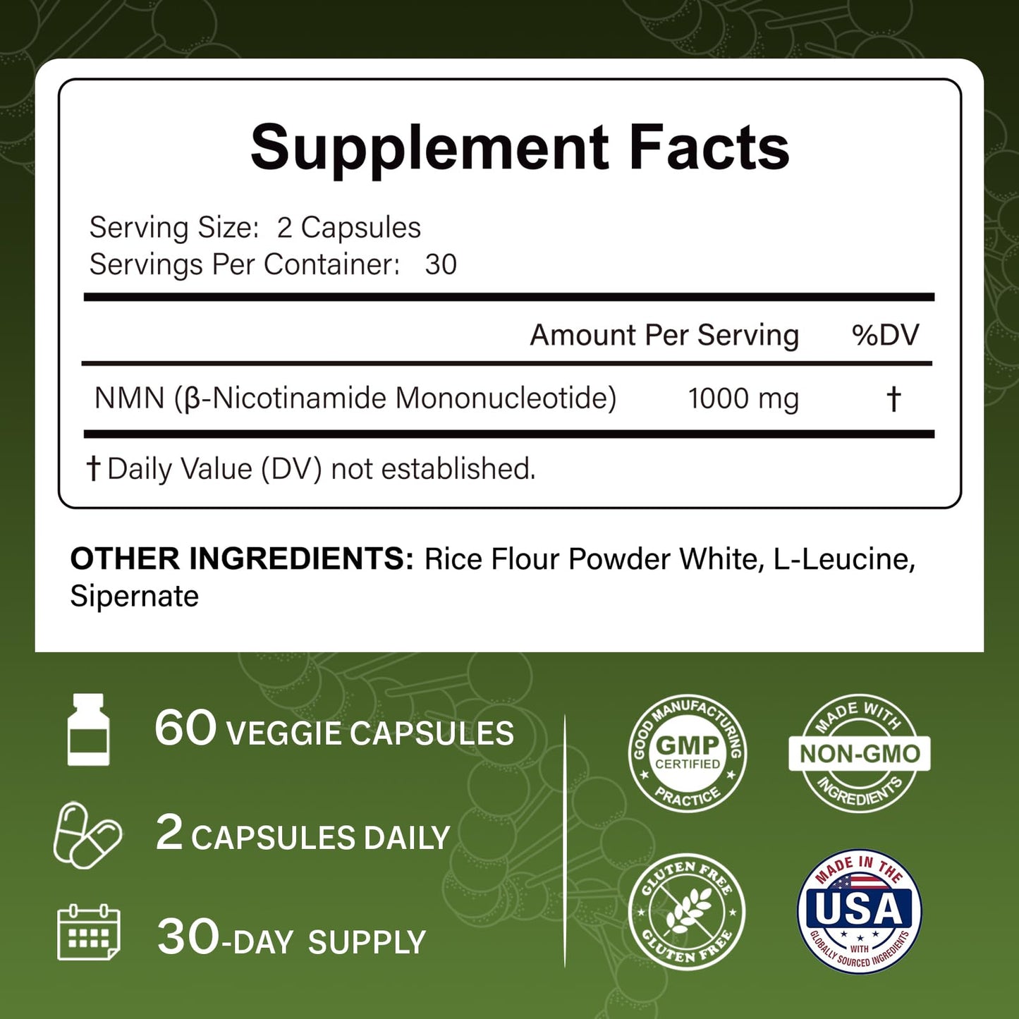 Your Nutritionist NMN Supplement 1000mg Per Serving, NAD+ Support Capsule, 60 Count