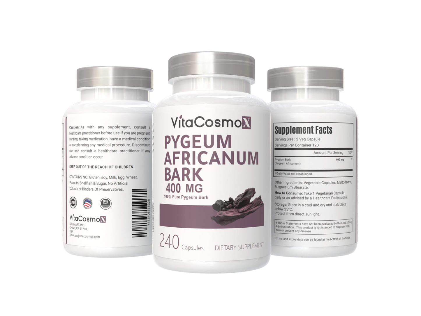 VitaCosmoX Pygeum Africanum Supplement Capsules 240 Count