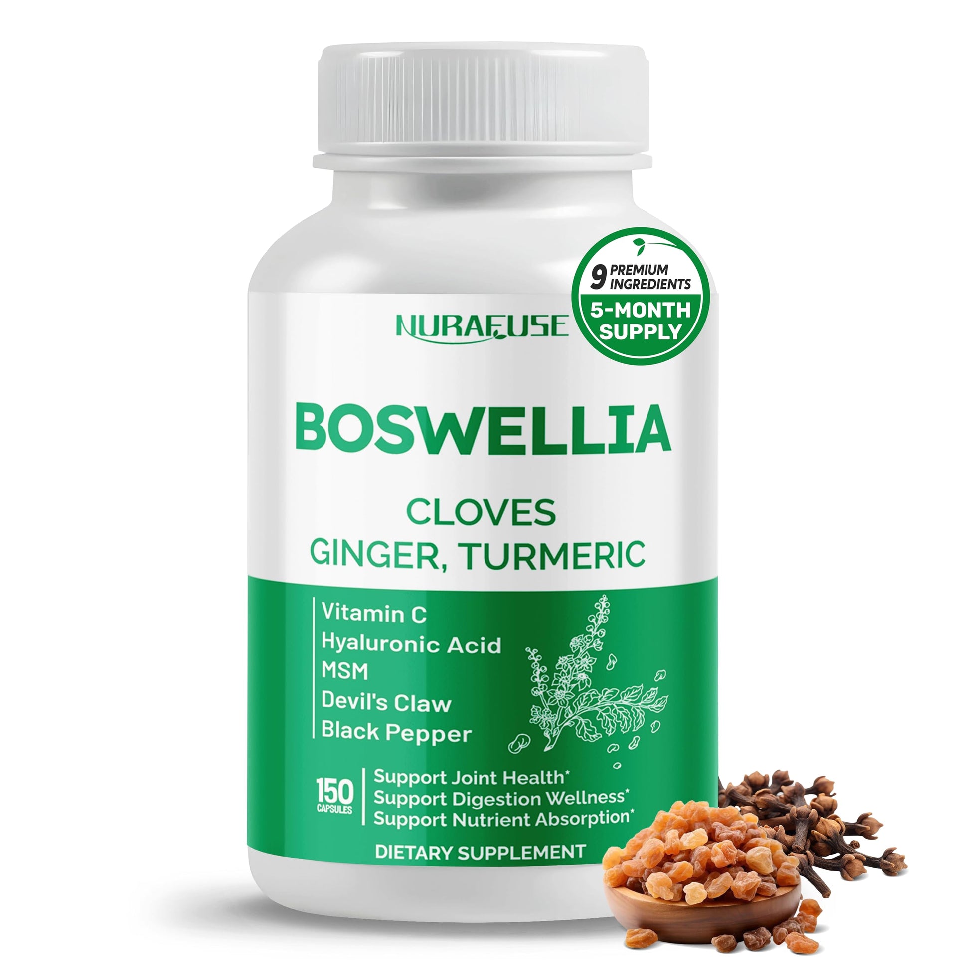 NURAFUSE Boswellia with Cloves, Ginger, Turmeric, Vitamin C, Hyaluronic Acid, MSM, Devil's Claw Capsules 150