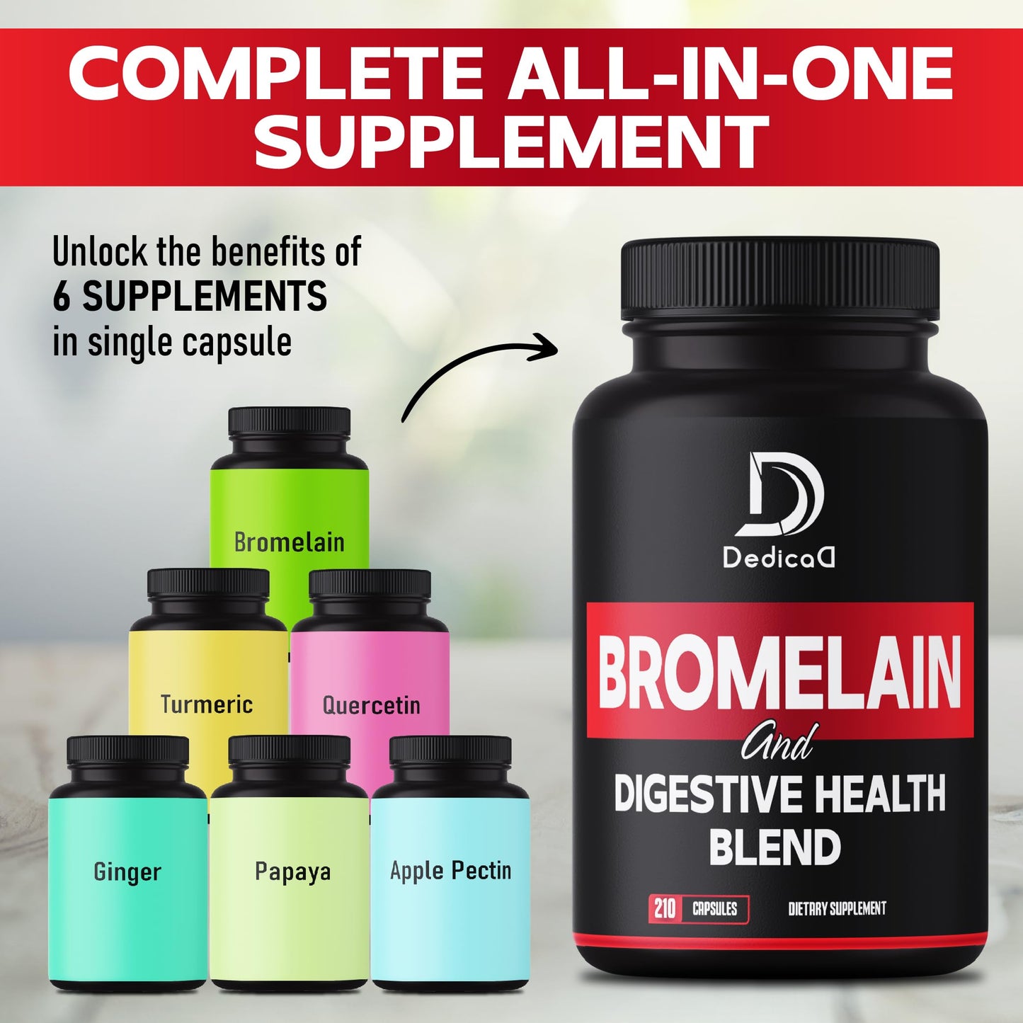 DEDICAD 6in1 Bromelain 500mg Supplement Capsules - 210 Count