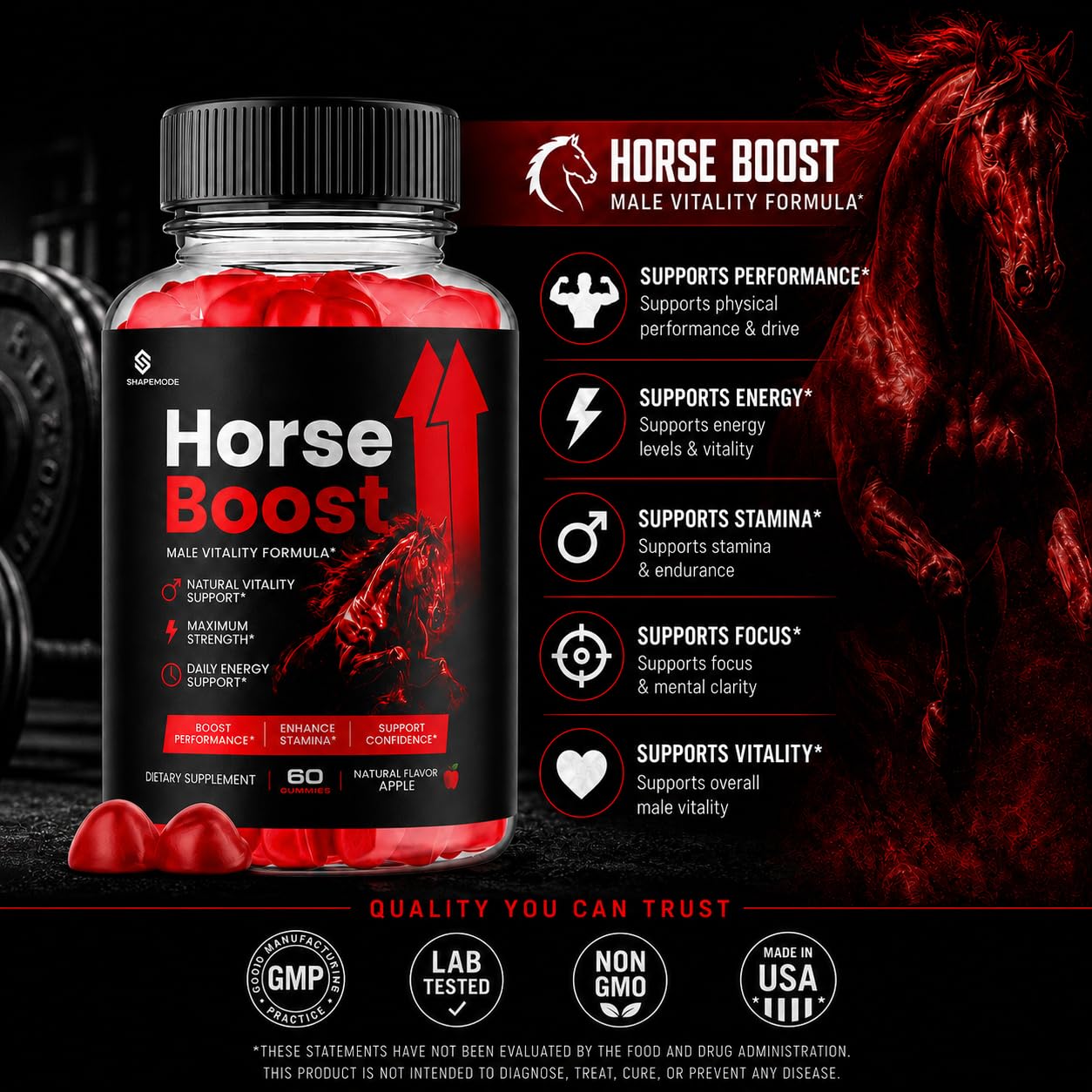 SHAPEMODE Horse Boost Gummies for Men, 60 Count
