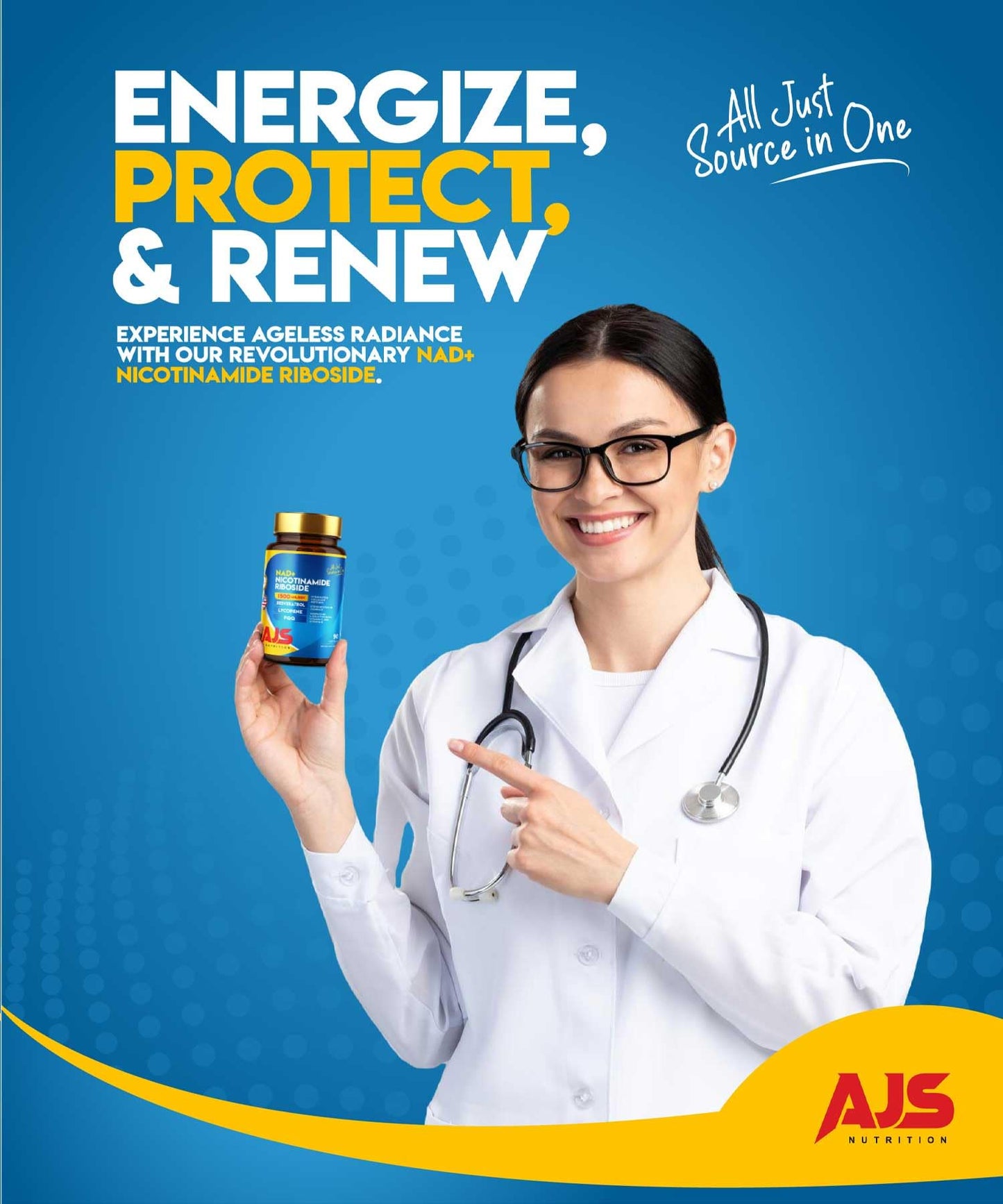 AJS Nutrition NAD+ Cellular Energy NR Supplement with PQQ, Resveratrol, Lycopene, Spermidine, L-Ergothioneine, and Collagen Peptides, 90 Capsules