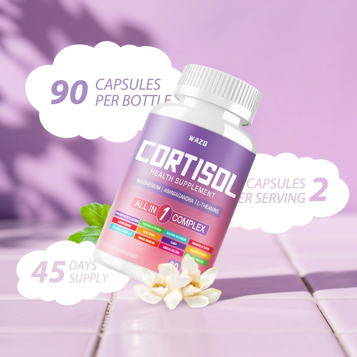 WAZQ Cortisol Supplement for Women, Cortisol Reducer with Magnesium Glycinate, Ashwagandha & L-Theanine, High Cortisol Manager, Hormone Balance for Women, Soy-Free, Gluten-Free, Vegan, 90 Capsules