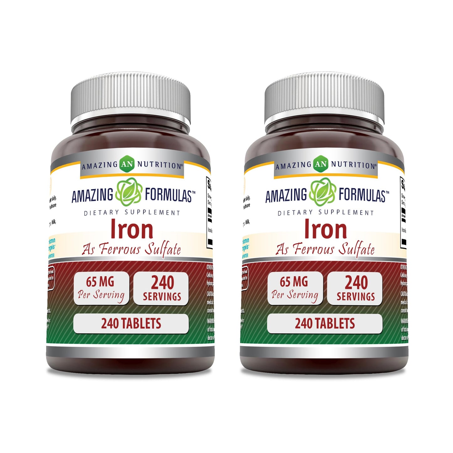 Amazing Nutrition Iron (Ferrous Sulfate) Supplement (65 mg) Tablets, Non-GMO, Gluten Free, Made in USA, 240 Tablets, 2-Pack