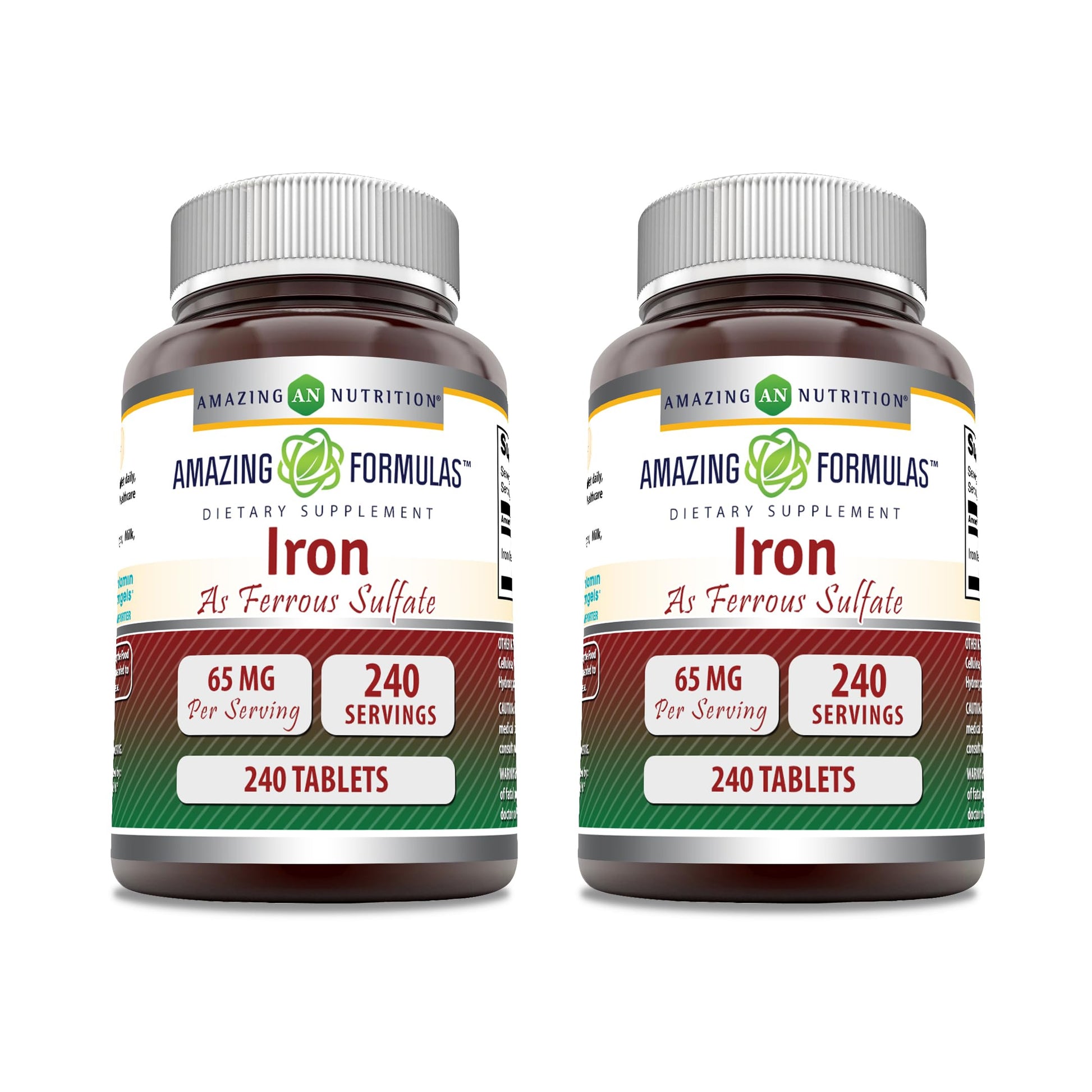Amazing Nutrition Iron (Ferrous Sulfate) Supplement (65 mg) Tablets, Non-GMO, Gluten Free, Made in USA, 240 Tablets, 2-Pack