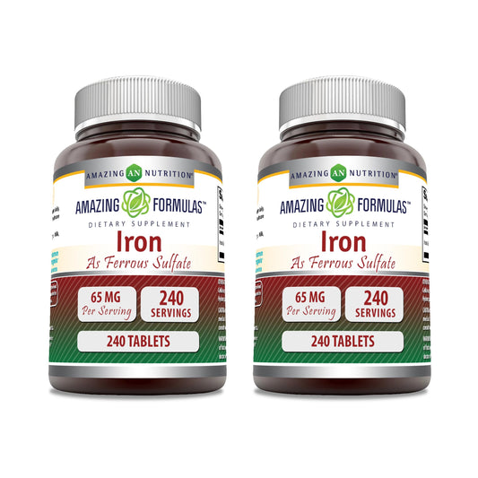 Amazing Nutrition Iron (Ferrous Sulfate) Supplement (65 mg) Tablets, Non-GMO, Gluten Free, Made in USA, 240 Tablets, 2-Pack