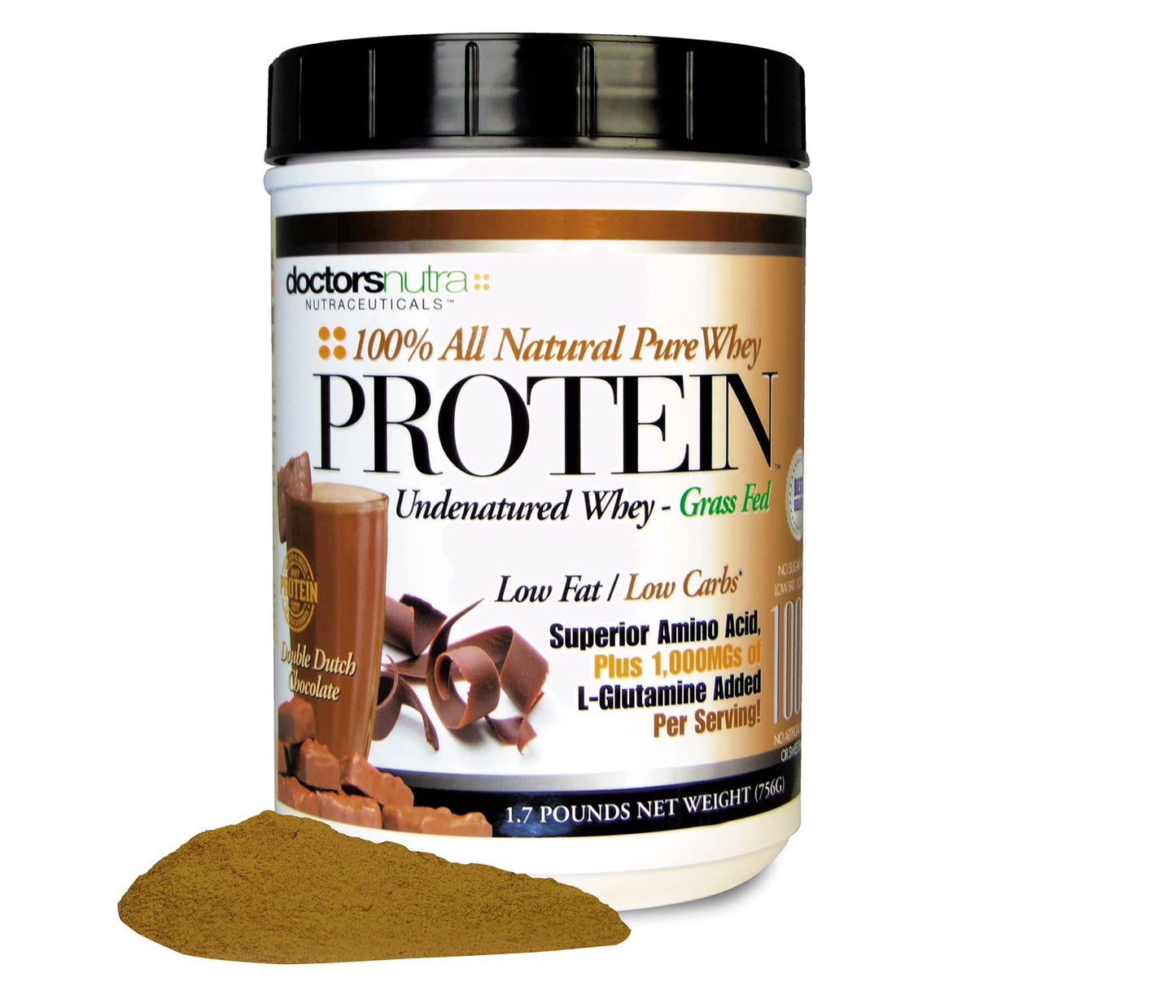 Doctors Nutra Nutraceuticals Pure Grass Fed Whey Protein Powder, Double Dutch Chocolate, Ultrafiltered, Low Carb, No Artificial Sweeteners or Flavors, with BCAAs and 1000 mg L-Glutamine, 1.7 lb