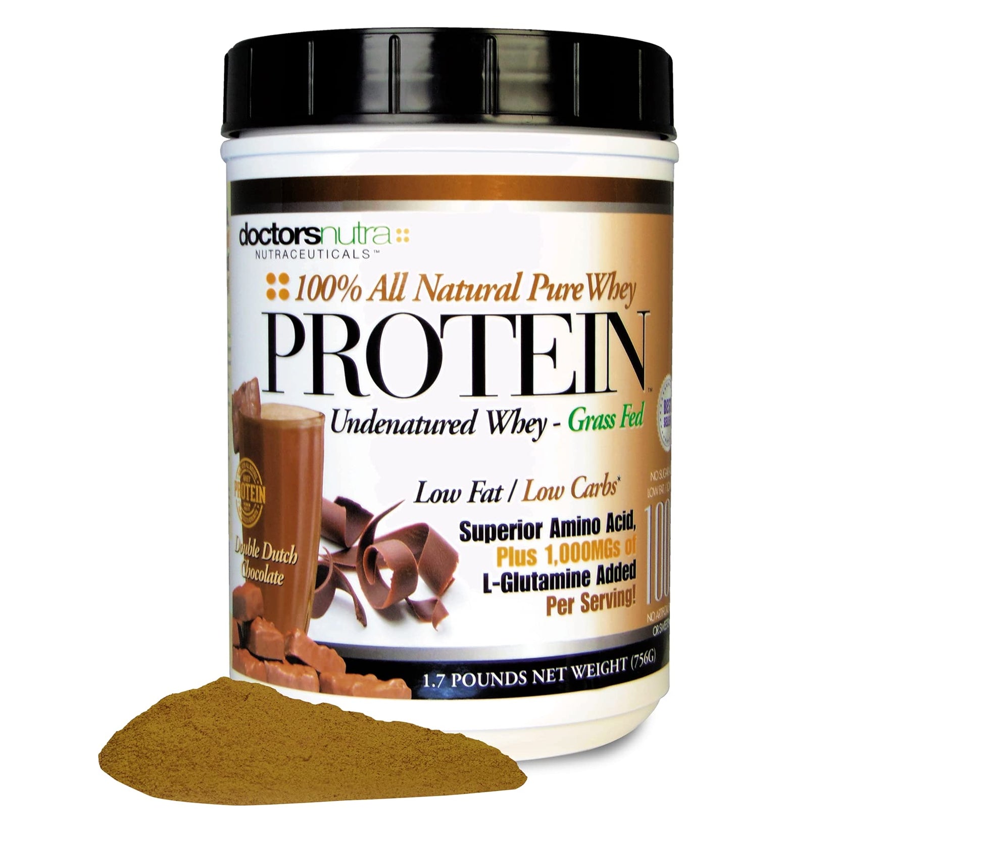 Doctors Nutra Nutraceuticals Pure Grass Fed Whey Protein Powder, Double Dutch Chocolate, Ultrafiltered, Low Carb, No Artificial Sweeteners or Flavors, with BCAAs and 1000 mg L-Glutamine, 1.7 lb