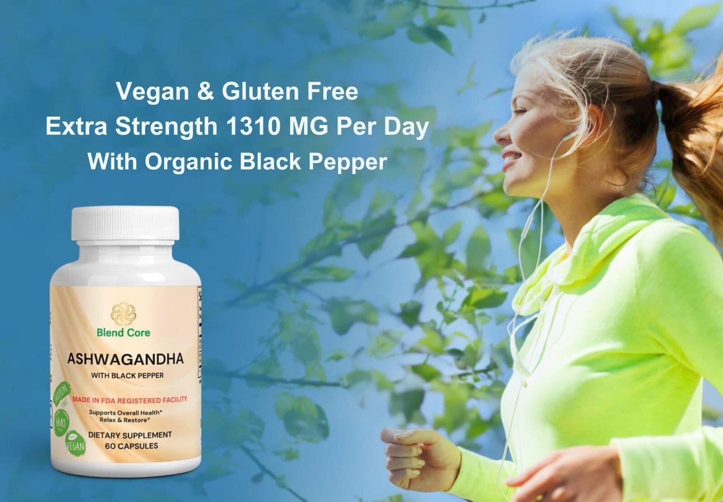 Blend Core Ashwagandha with Black Pepper Capsules, 60 Count