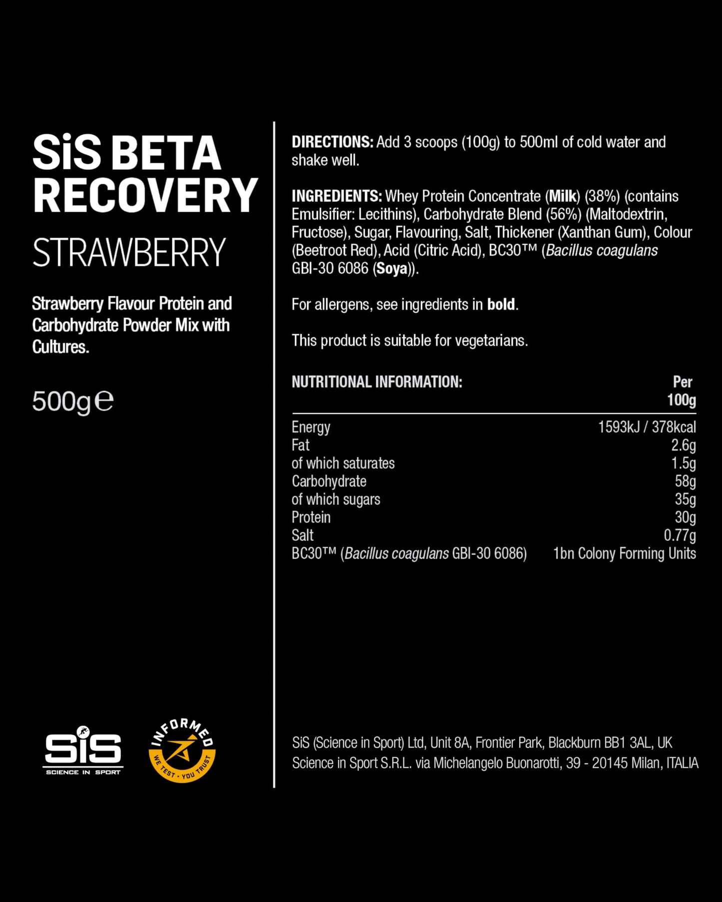 Science in Sport SiS BETA Recovery Whey Protein Powder, Strawberry, 17.6 oz