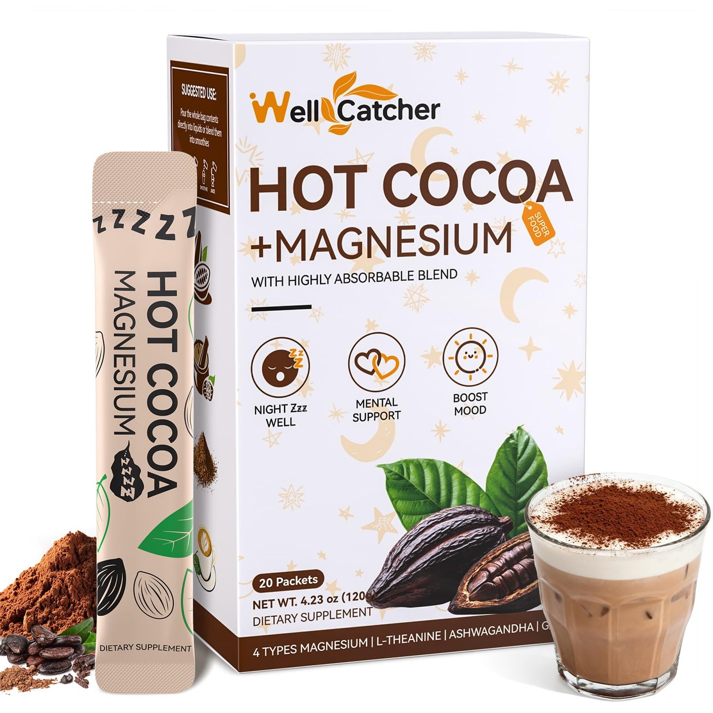 Wellcatcher Nighttime Sleep Hot Cocoa with Magnesium Powder, 4.23 oz