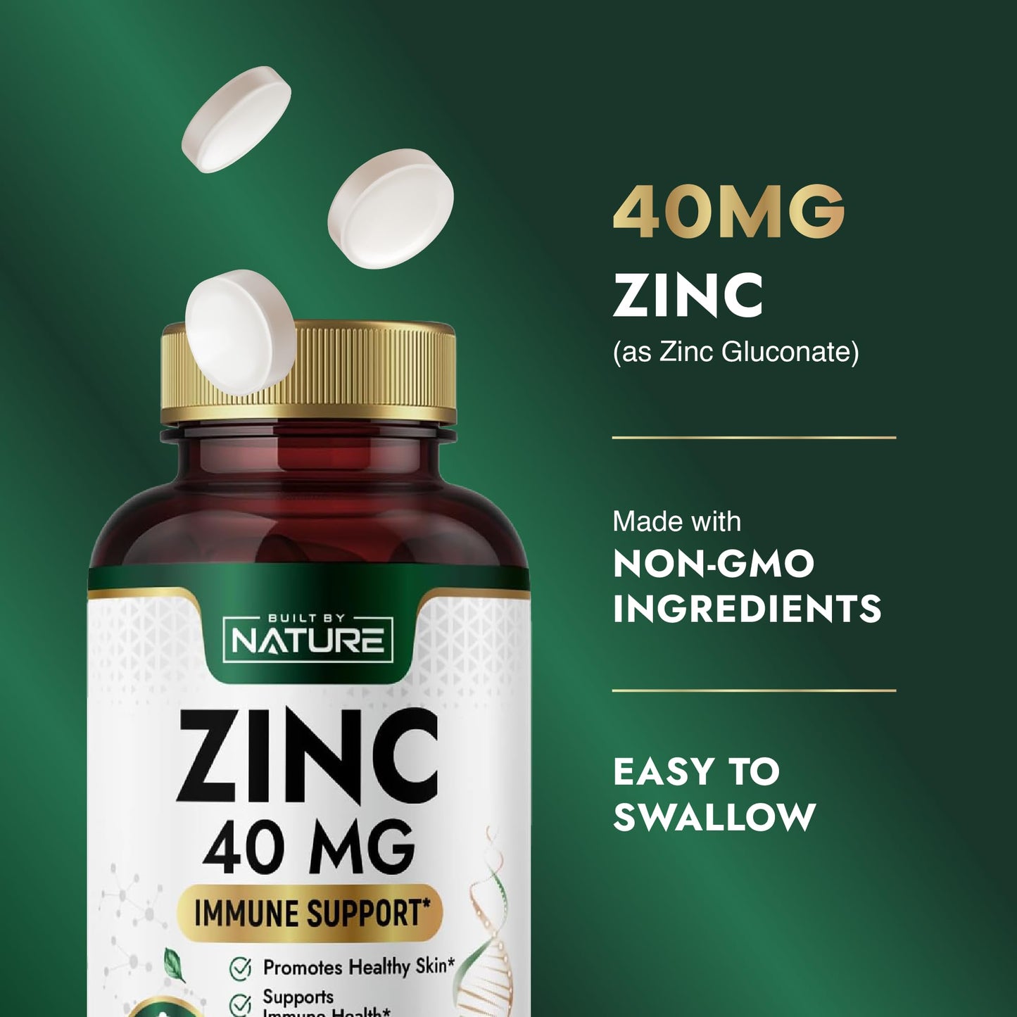 Built by Nature Zinc 40 mg High-Potency Immune Support & Antioxidant Supplement Zinc Gluconate Non-GMO Gluten Free 120 Tablets