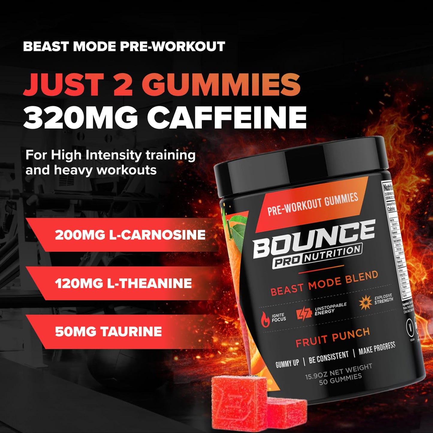 Bounce Pro Beast Mode Pre Workout Gummies, 50 Count