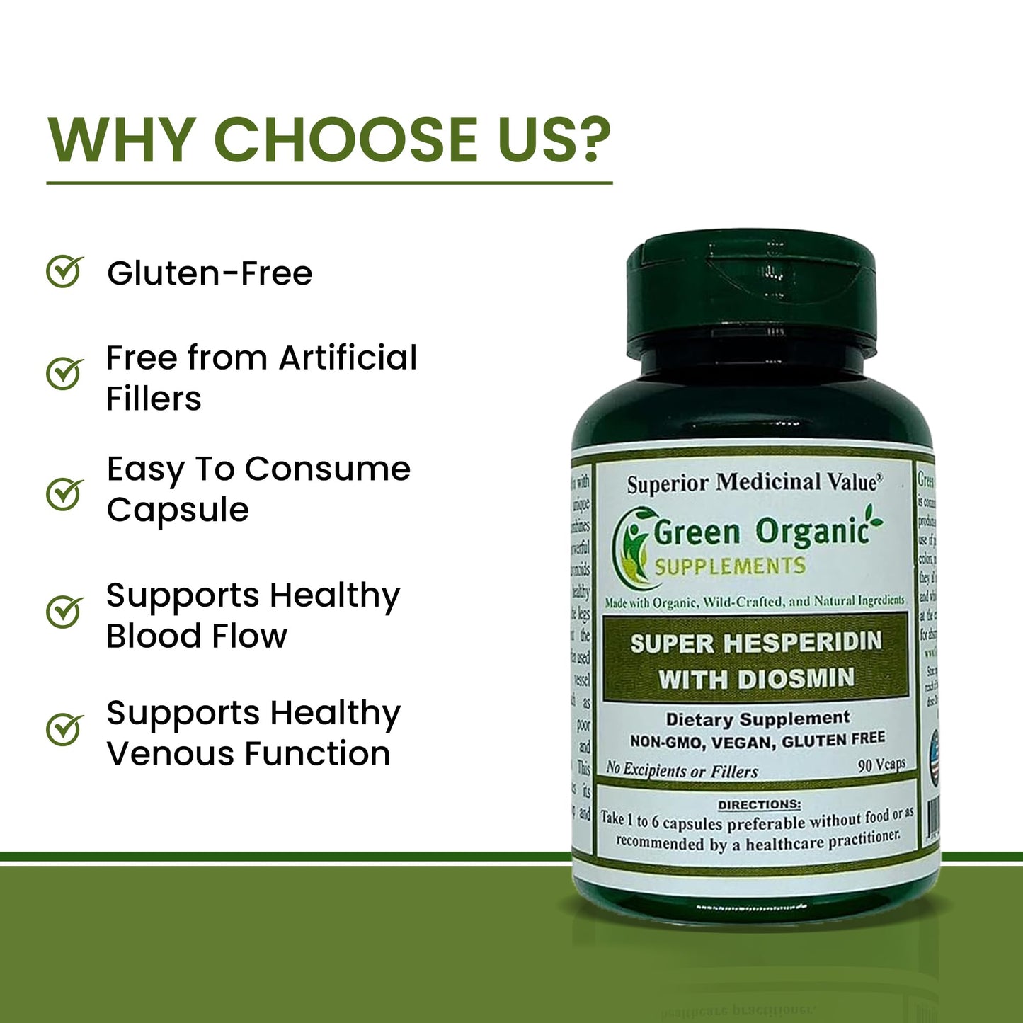Green Organic Supplements Super Hesperidin with Diosmin, Narangin Capsules 90 Count