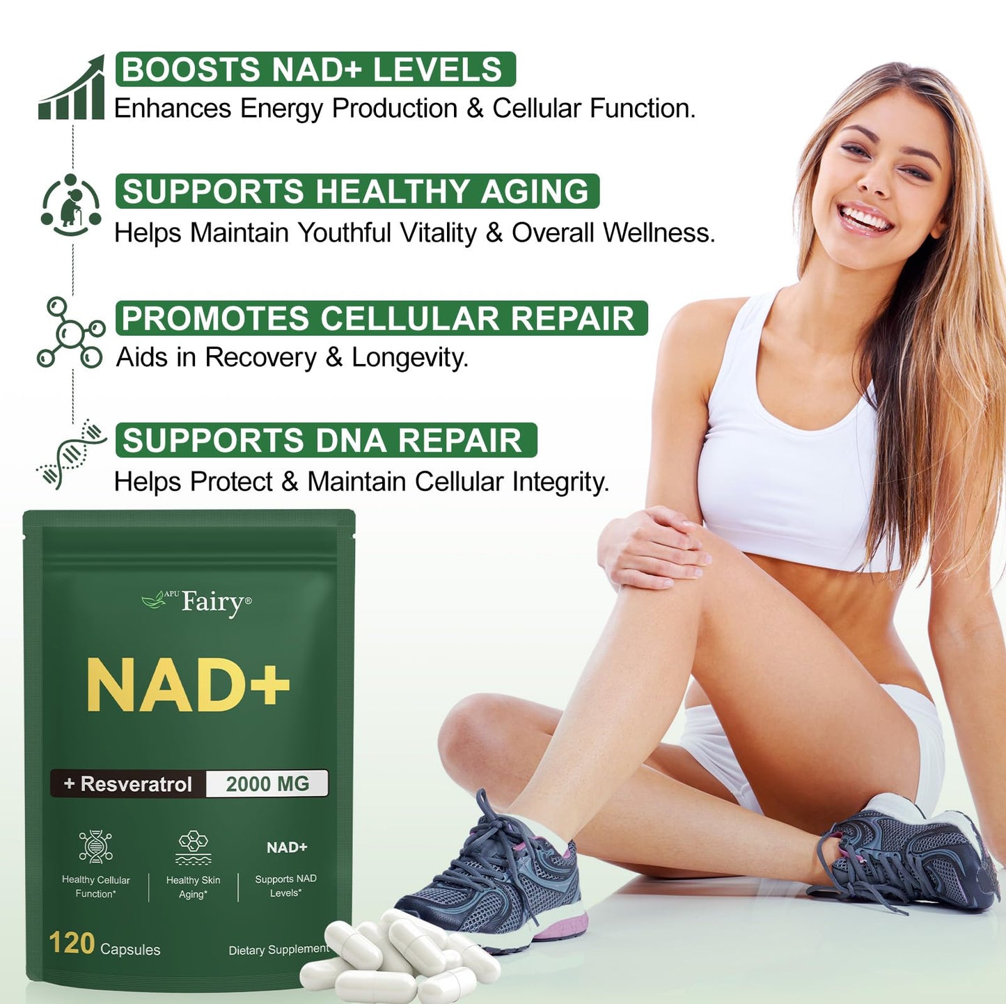 APU.FAIRY NAD Supplement Extra Strength N-AD Alternative Liposomal, Boost N-AD & Resveratrol + for Women & Men, Energy Anti-Aging, Cell Regeneration Capsules 120
