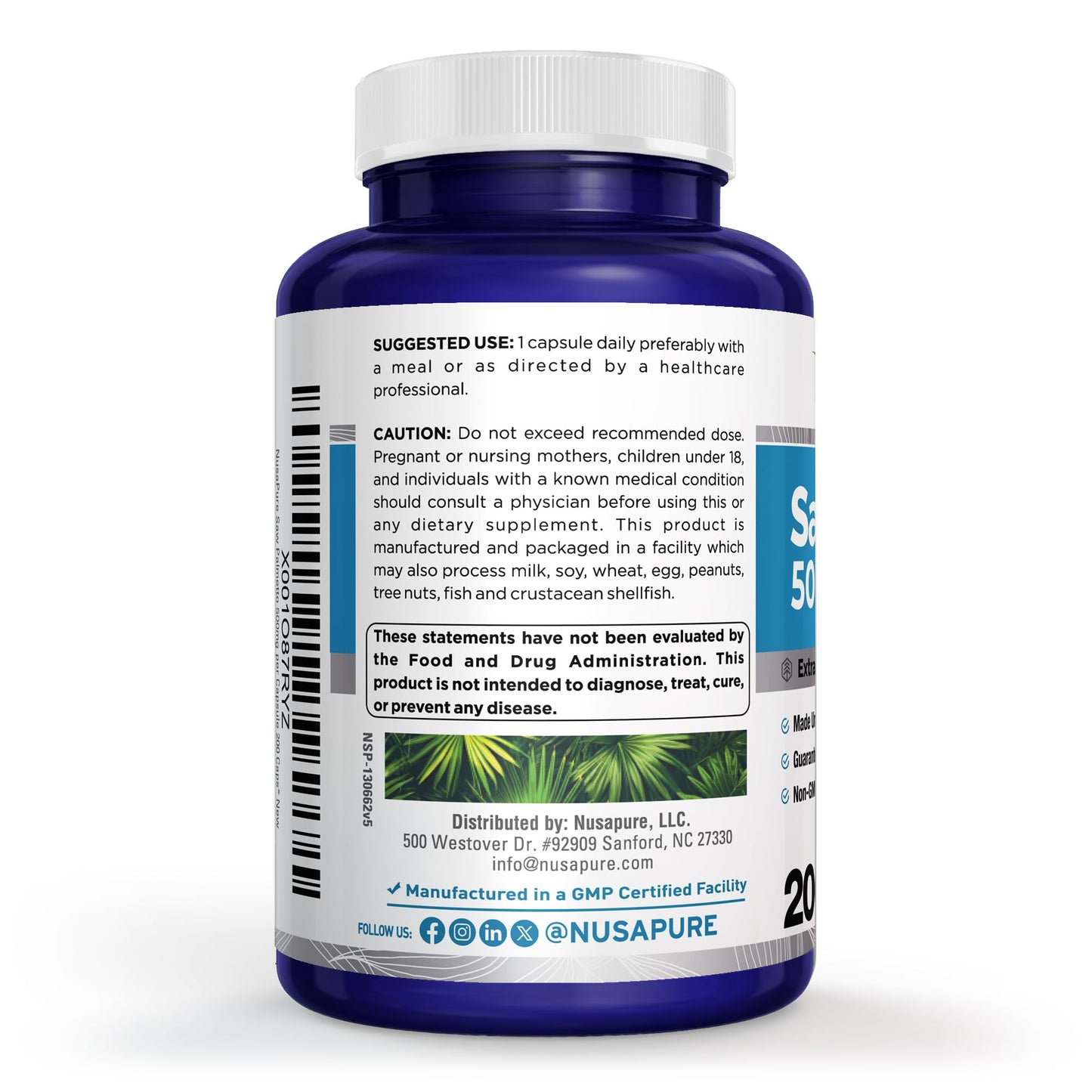 NusaPure Saw Palmetto Powder Complex Non-GMO 500mg Capsules, 200 Count