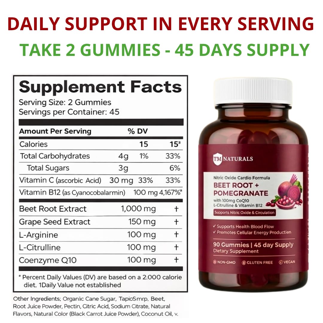 TM NATURALS Beet Root Capsule with Pomegranate, CoQ10, L-Citrulline & B12, Nitric Oxide Support for Circulation, Energy & Blood Flow, 90 Count