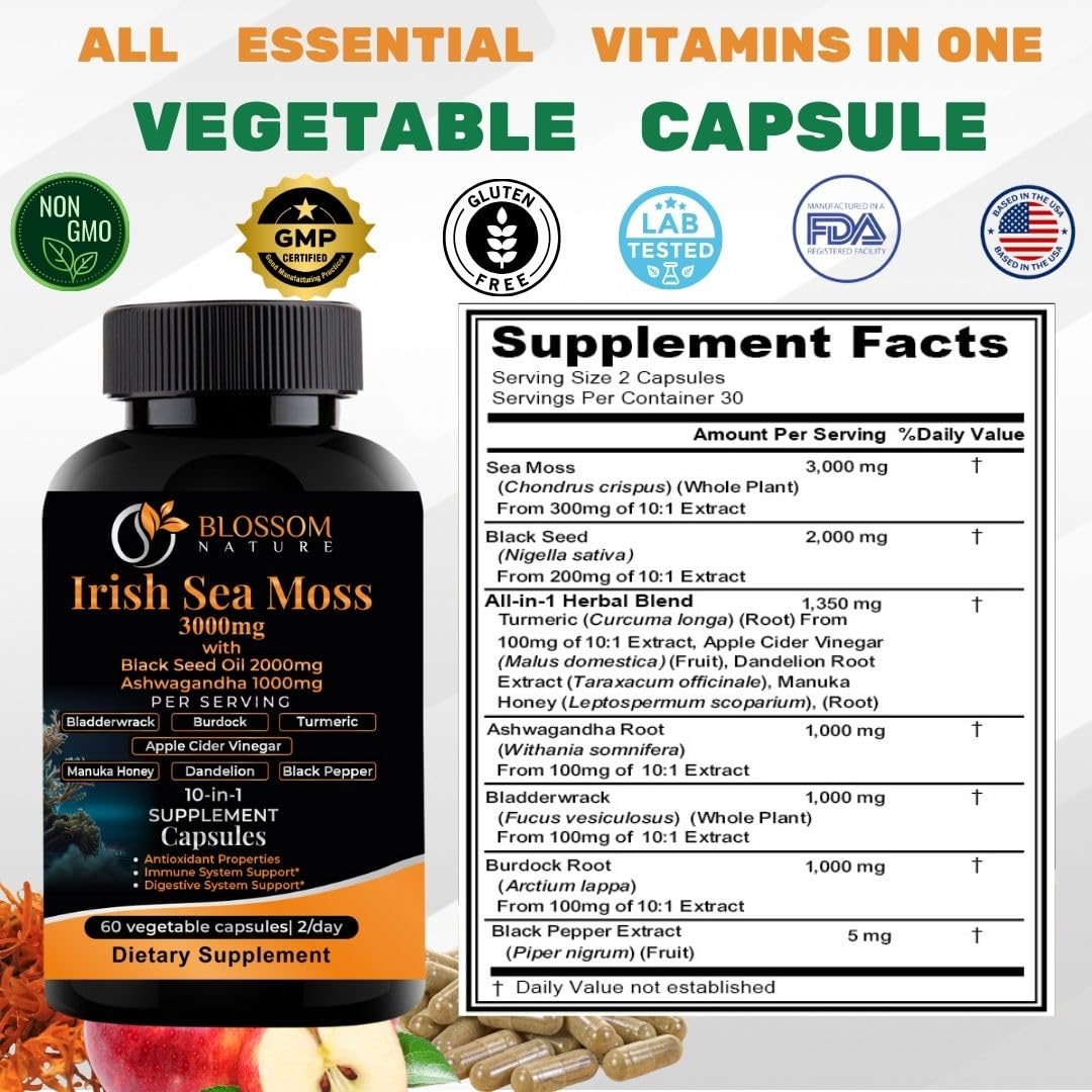 Blossom Nature 10-in-1 Irish Sea Moss 3000mg with Black Seed Oil, Ashwagandha, Bladderwrack, Burdock, Turmeric, Apple Cider Vinegar, Manuka Honey, Dandelion, Black Pepper, 60 Capsules