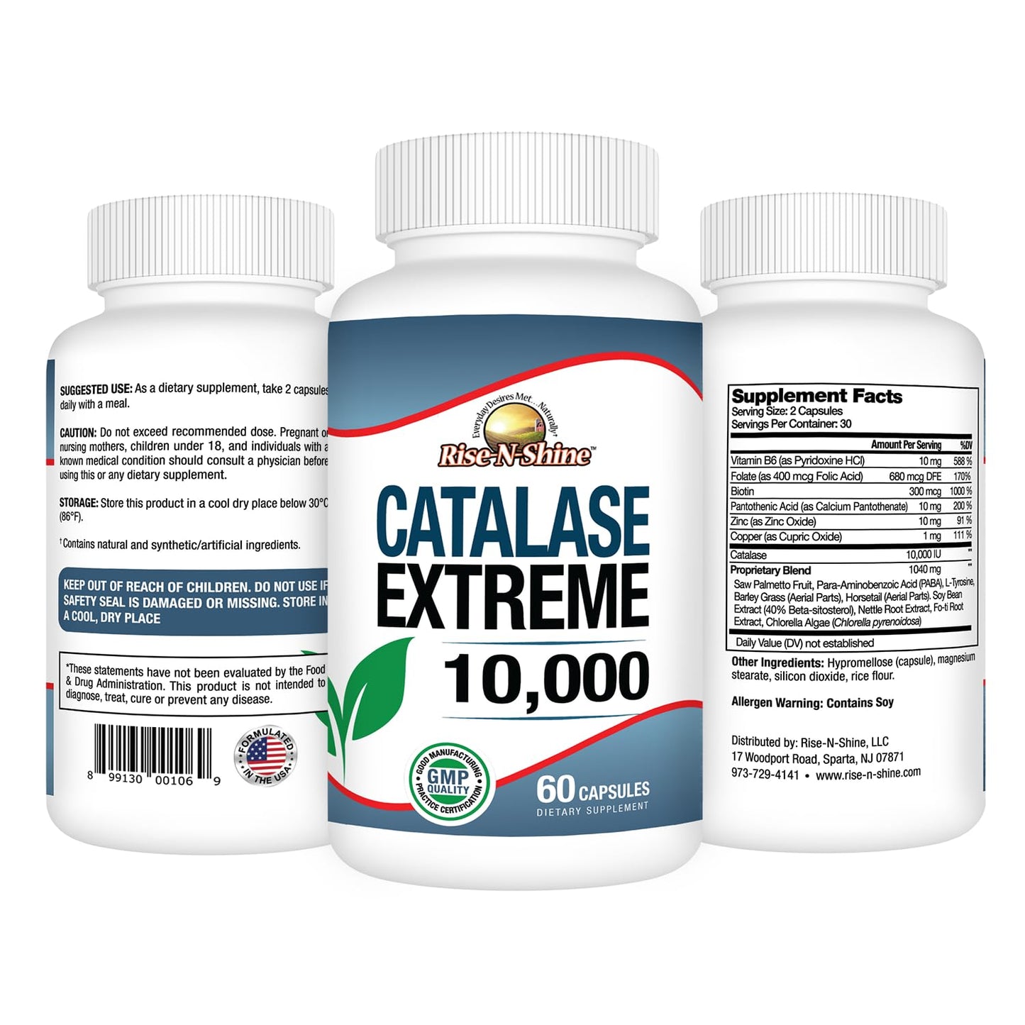 Rise-N-Shine Catalase Extreme Supplement 10,000 with Saw Palmetto, Biotin, Fo-Ti, PABA Capsules 60