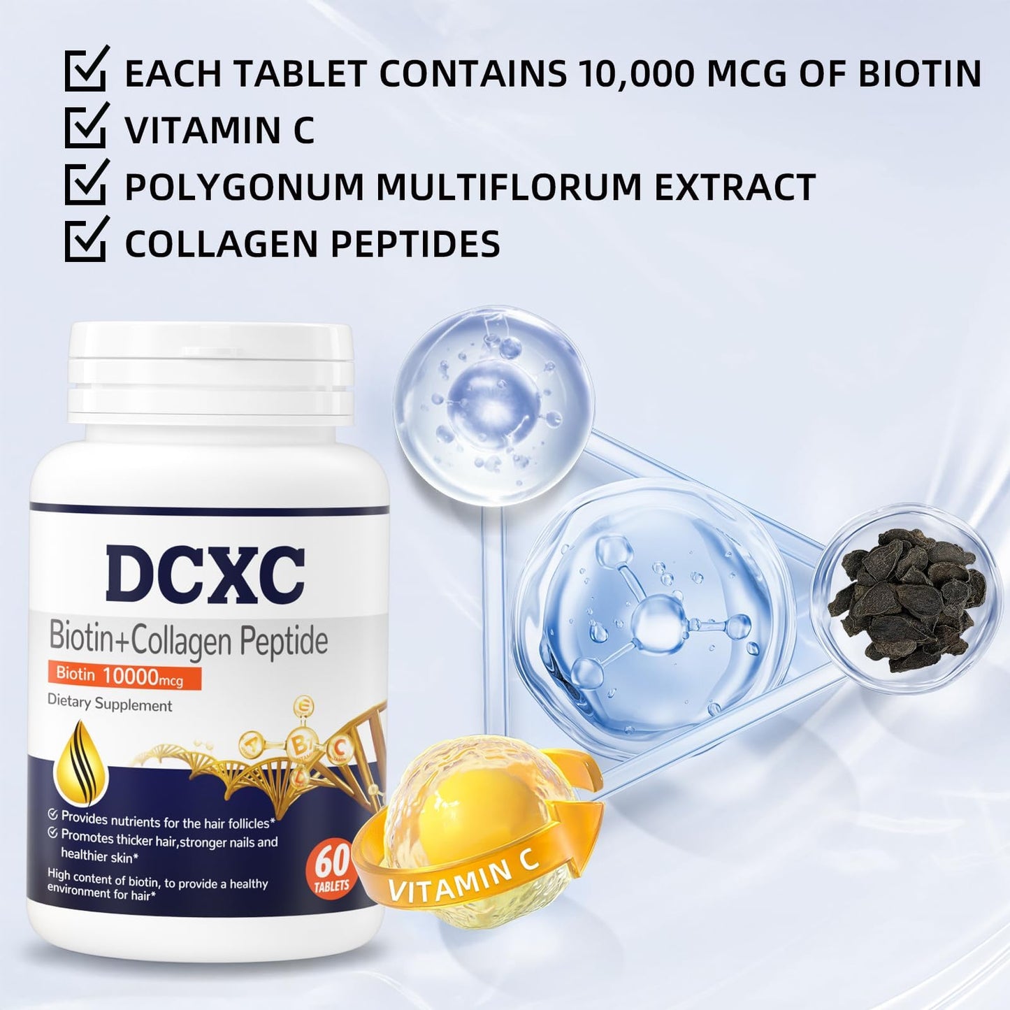 DCXC Biotin Collagen Supplement 10000mcg Tablets, 60 Count